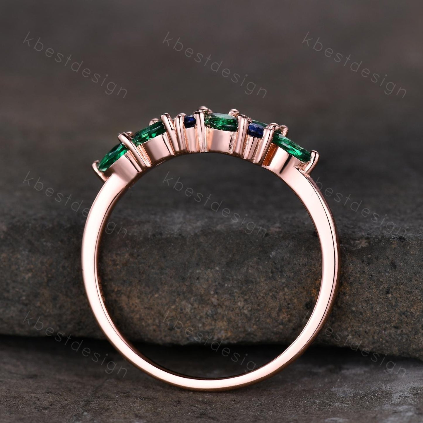 Emerald sapphire cluster wedding band Unique marquise cut emerald wedding band Vintage Moissanite ring Rose gold ring Anniversary gift