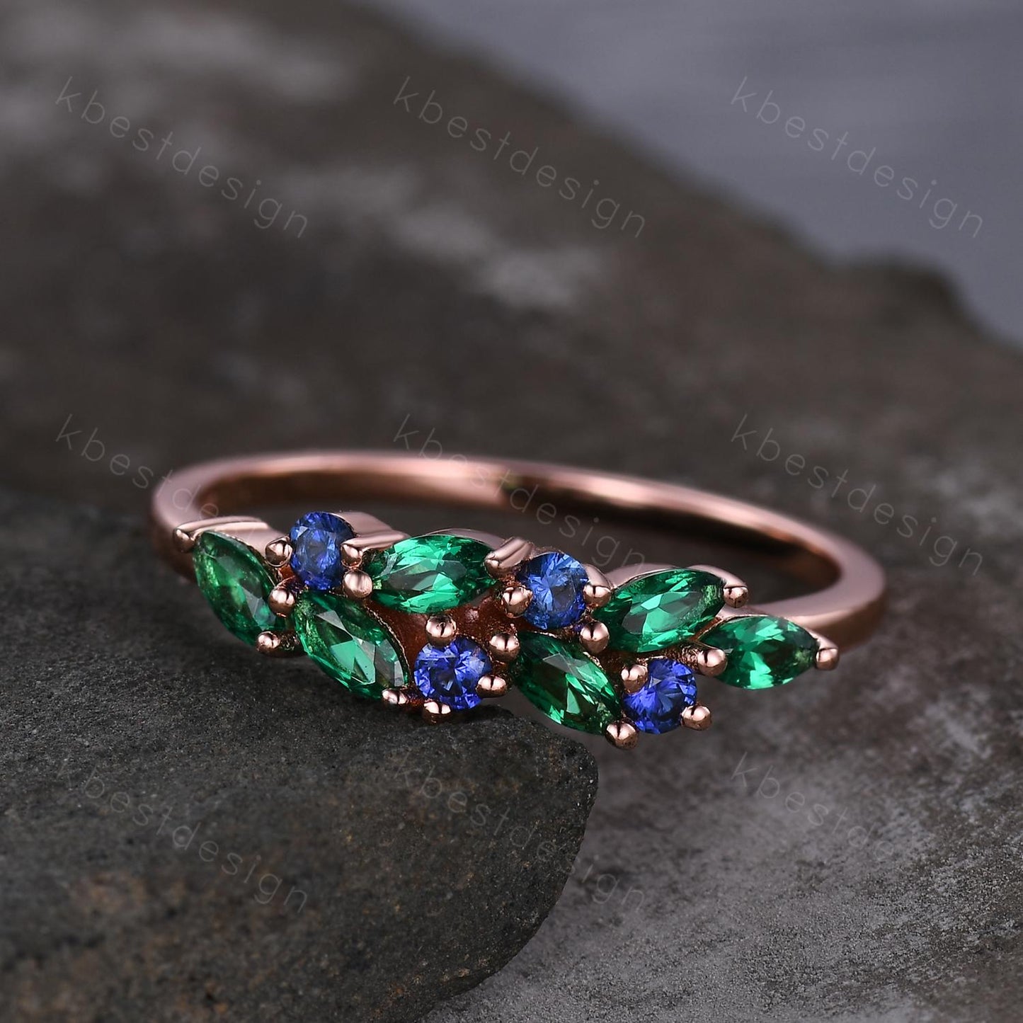 Emerald sapphire cluster wedding band Unique marquise cut emerald wedding band Vintage Moissanite ring Rose gold ring Anniversary gift
