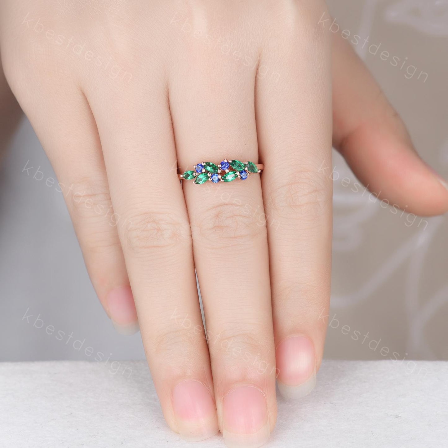 Emerald sapphire cluster wedding band Unique marquise cut emerald wedding band Vintage Moissanite ring Rose gold ring Anniversary gift