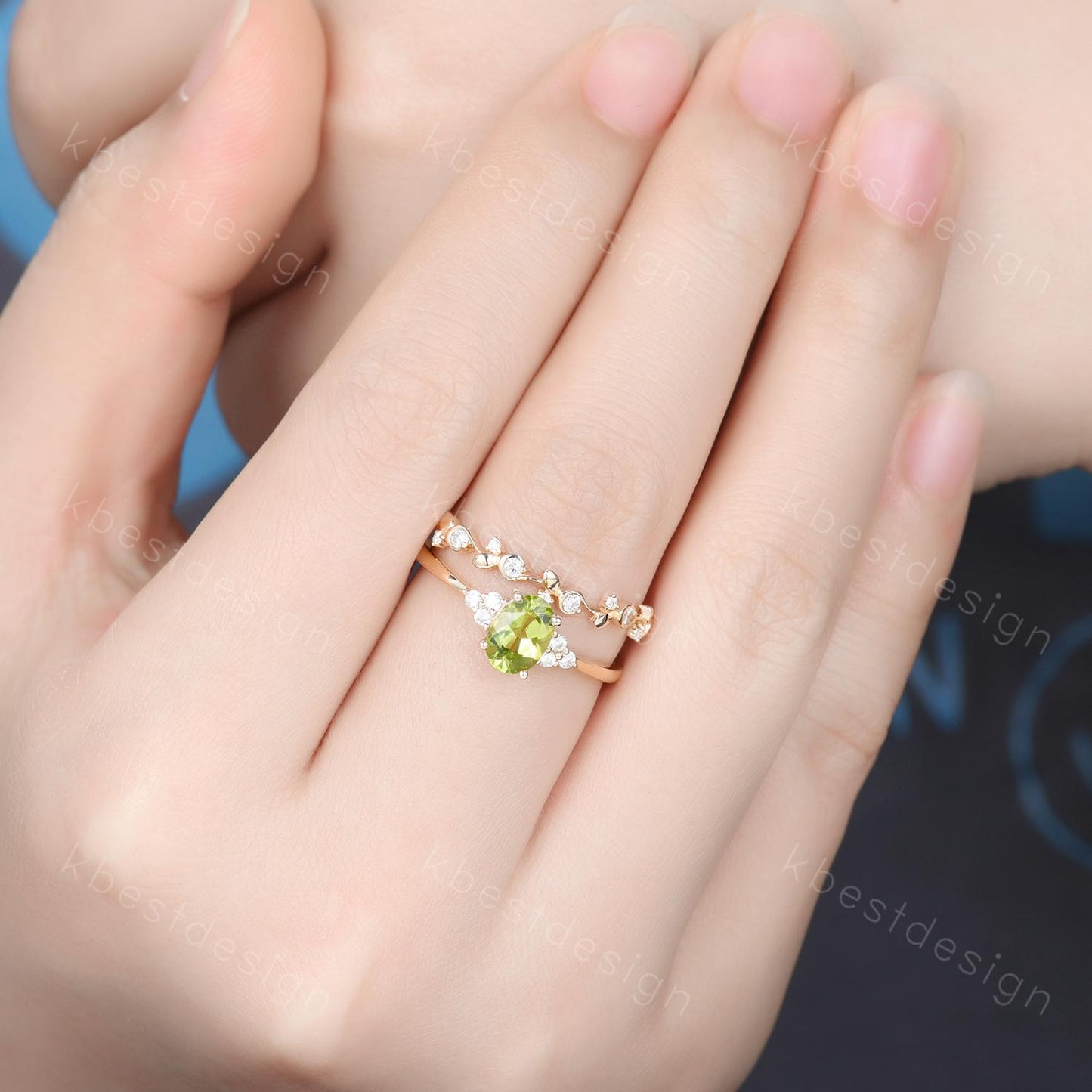 Vintage Peridot Engagement Ring Set Oval Green Peridot Ring 14K Gold Art Deco Moissanite Stacking Band August Birthstone Ring Promise Ring