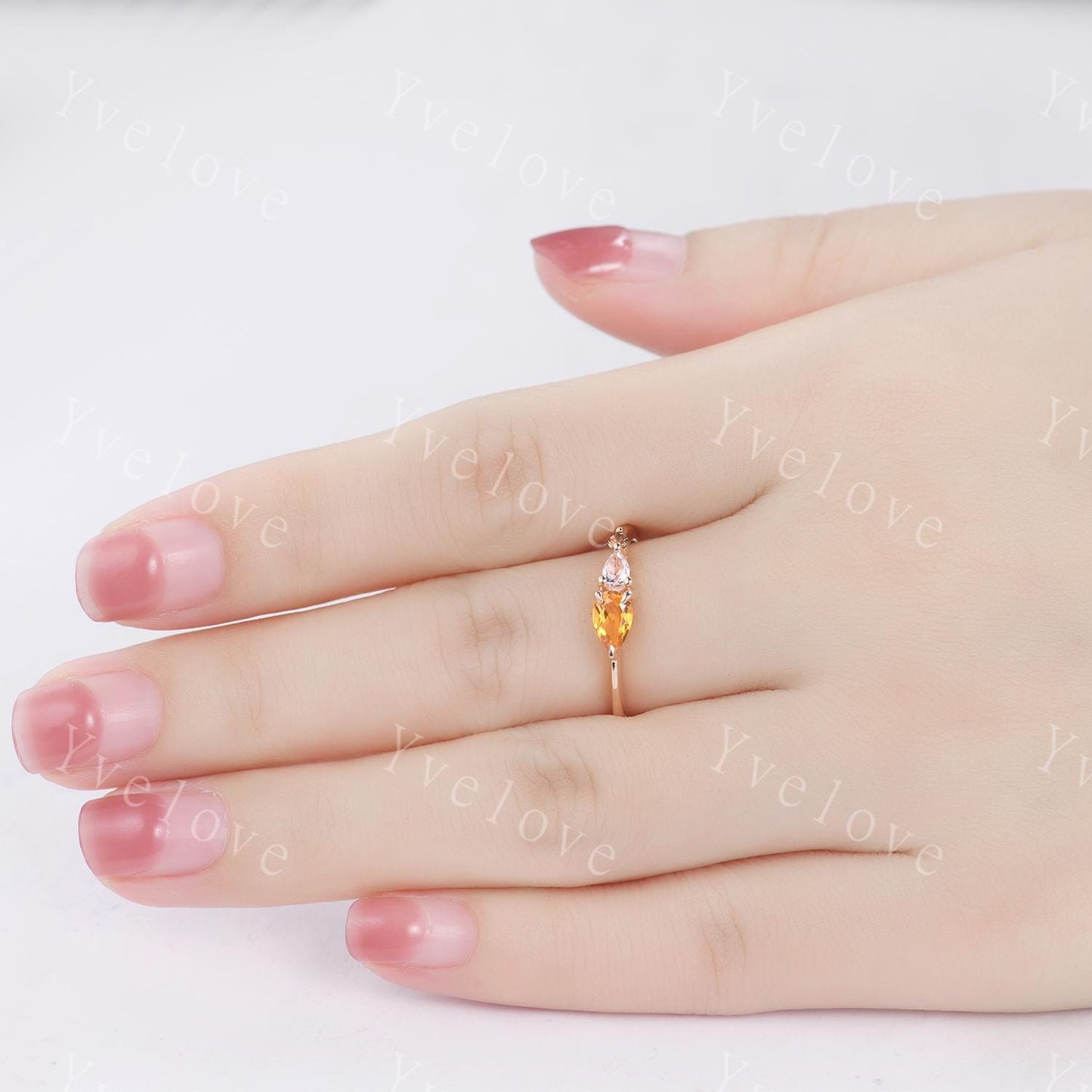 Vintage Yellow Citrine Morganite Engagement Ring,Pear Cut Gems,Art Deco Smoky Quartz Wedding Band,3 Stone Unique Women Bridal Promise Ring