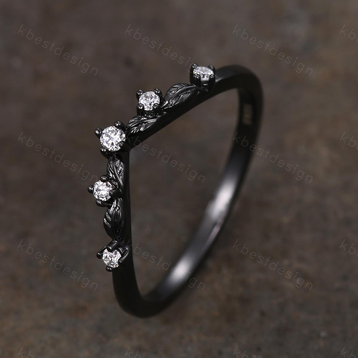 Unique Curved Moissanite Wedding Band Women Black Gold Ring Nature Leaf Style Stacking Matching Band Bridal Anniversary Ring