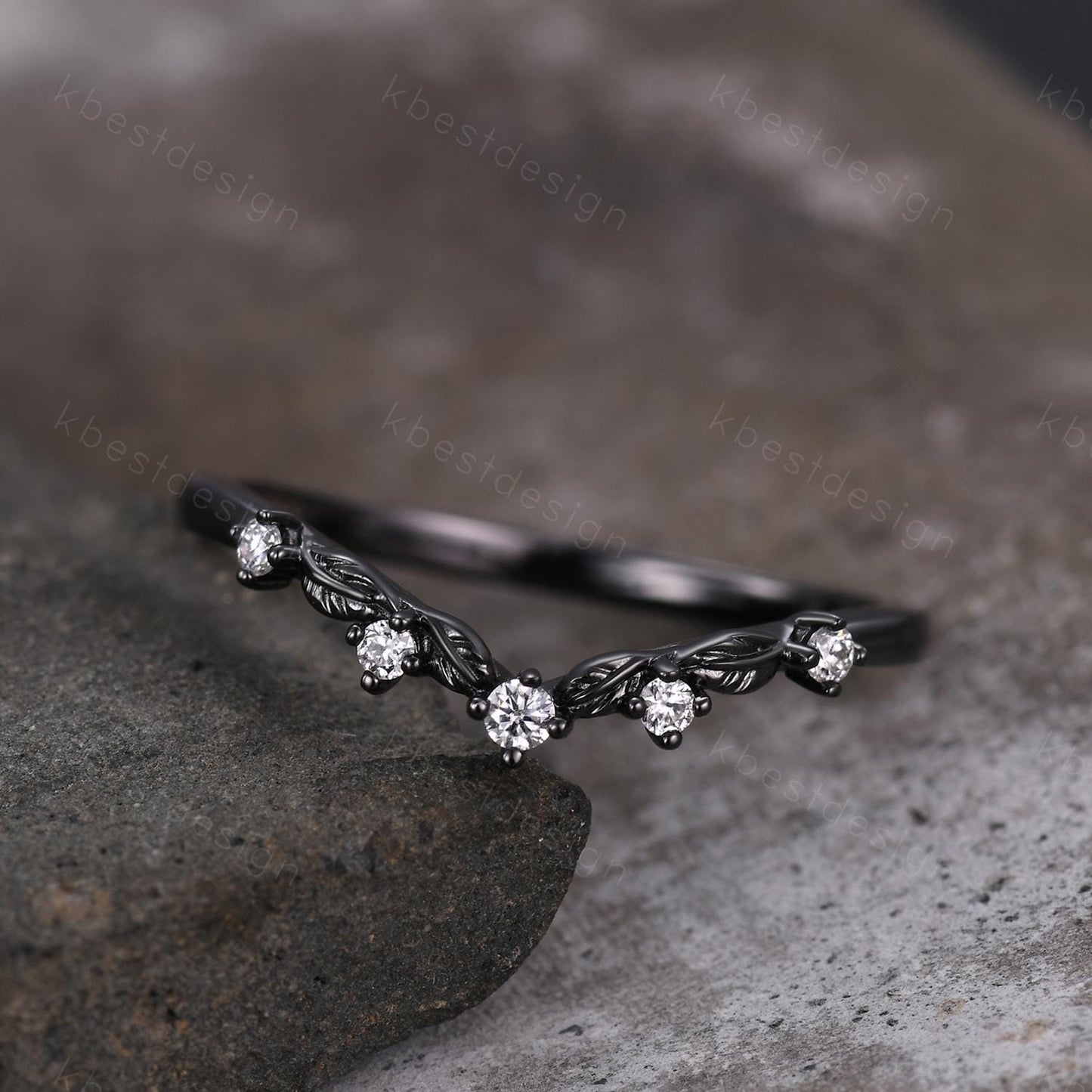 Unique Curved Moissanite Wedding Band Women Black Gold Ring Nature Leaf Style Stacking Matching Band Bridal Anniversary Ring