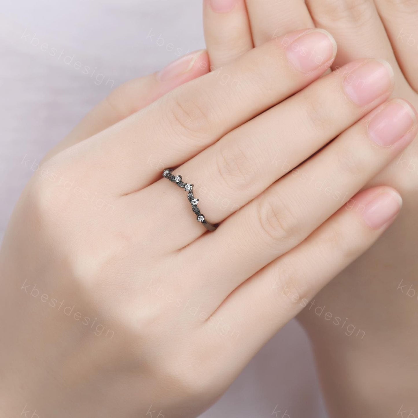 Unique Curved Moissanite Wedding Band Women Black Gold Ring Nature Leaf Style Stacking Matching Band Bridal Anniversary Ring