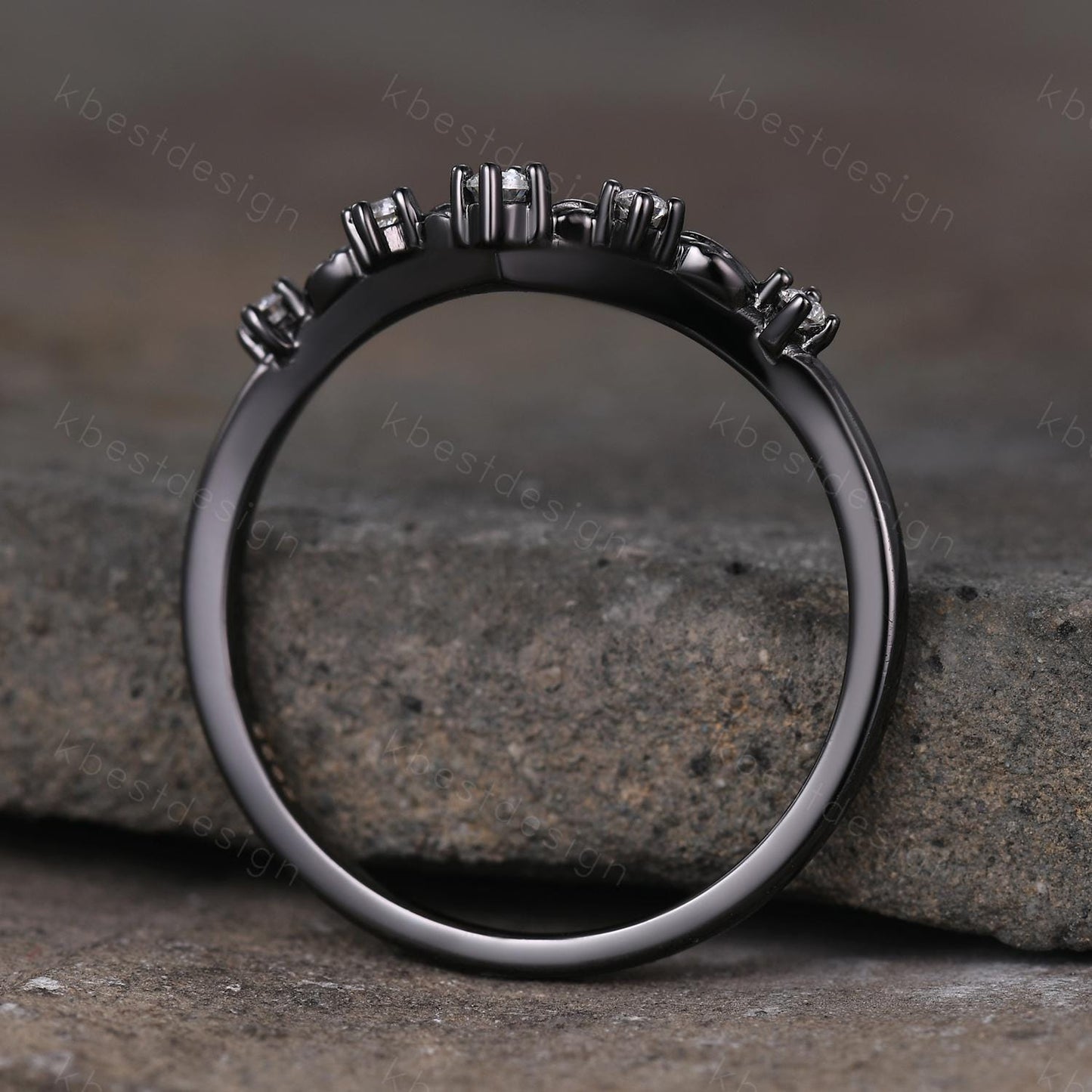 Unique Curved Moissanite Wedding Band Women Black Gold Ring Nature Leaf Style Stacking Matching Band Bridal Anniversary Ring