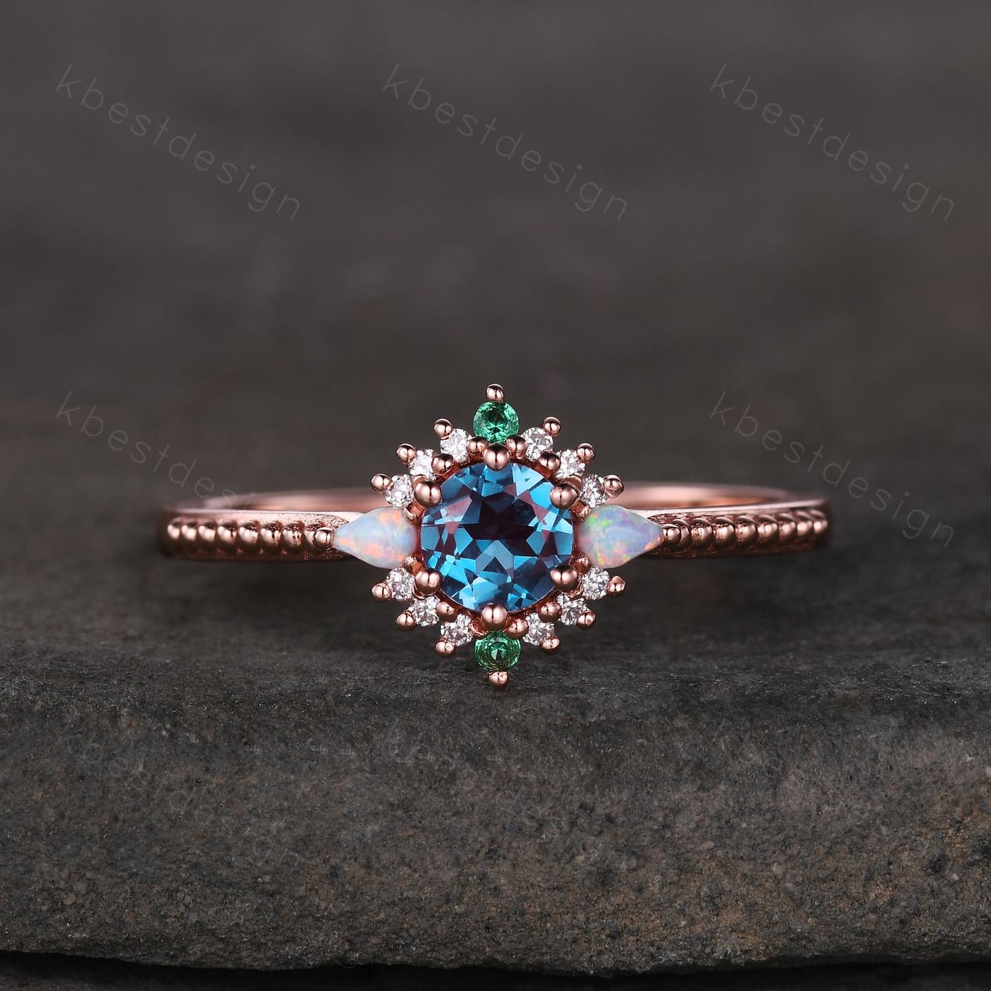 Vintage round cut Alexandrite engagement ring rose gold ring unique opal emerald ring for women June Birthstone ring promise ring gift