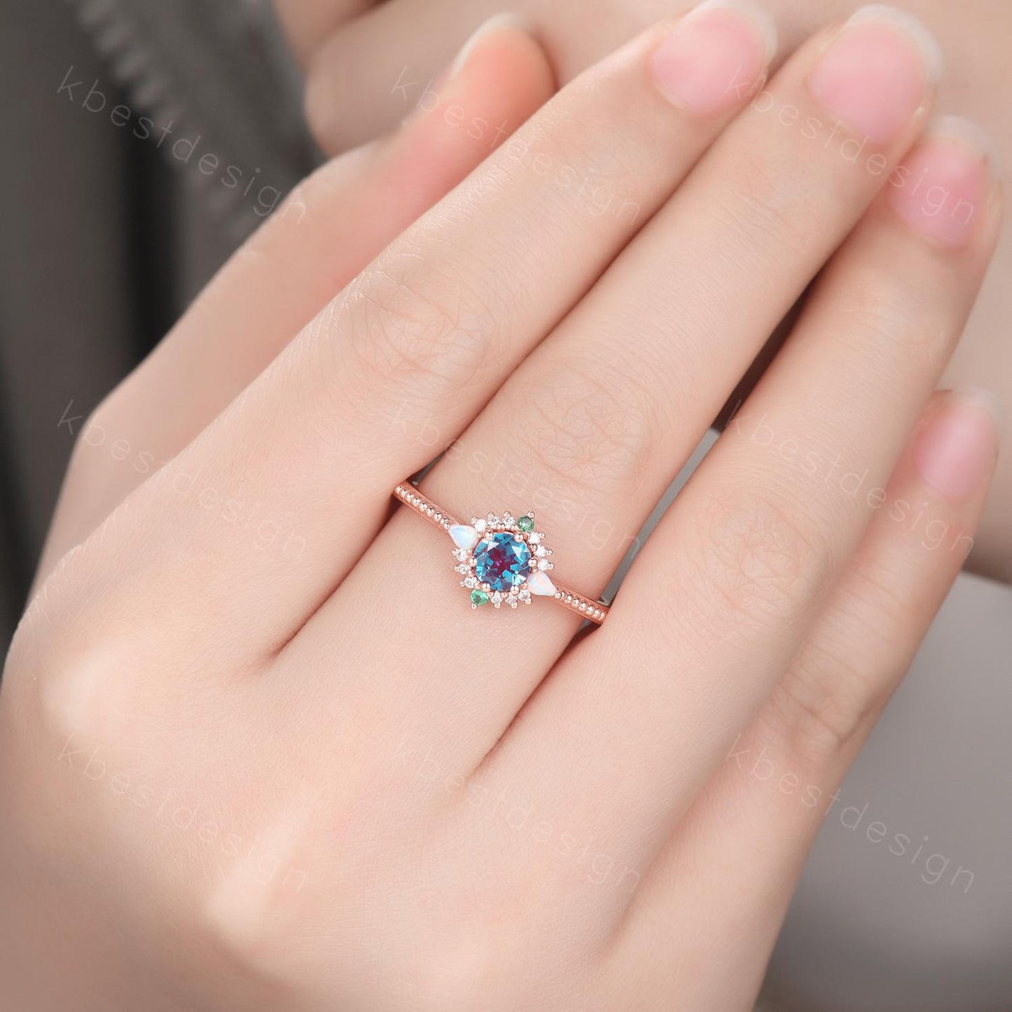 Vintage round cut Alexandrite engagement ring rose gold ring unique opal emerald ring for women June Birthstone ring promise ring gift