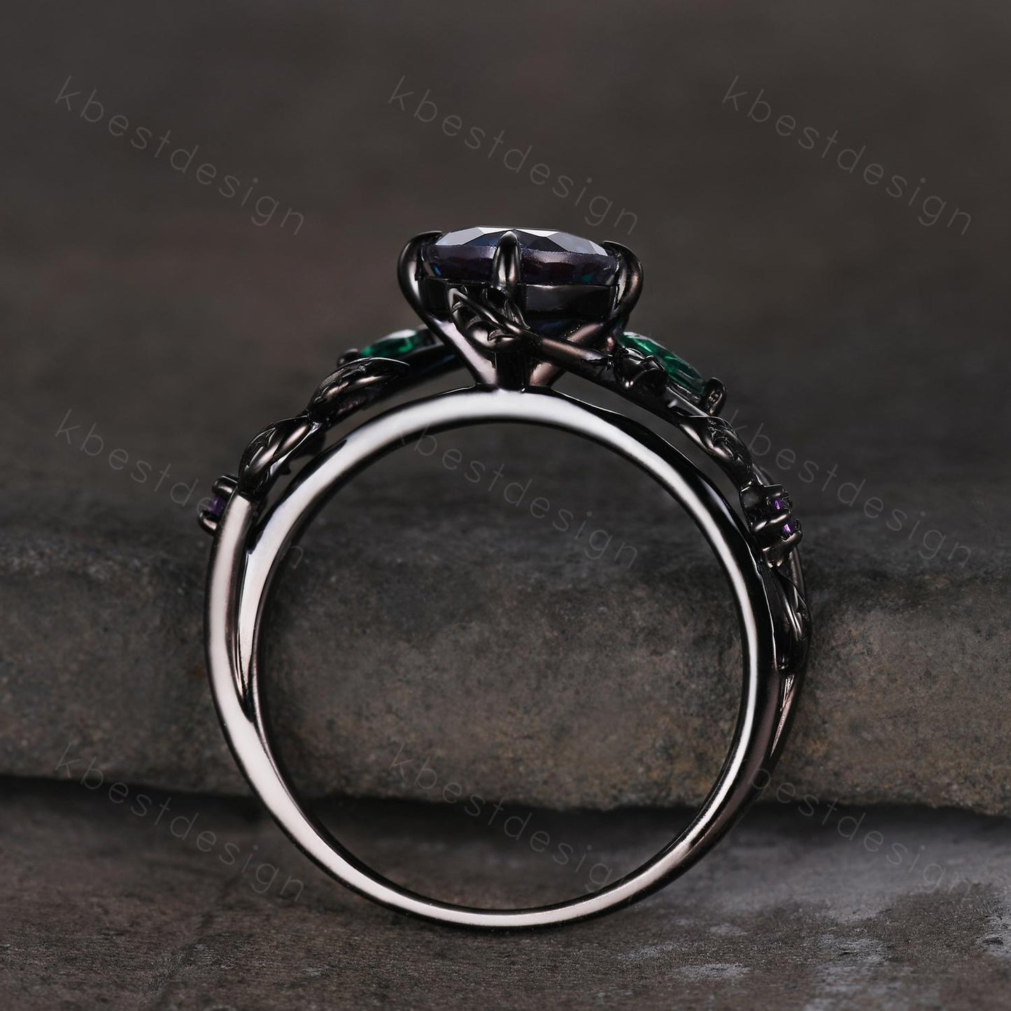 Vintage round cut alexandrite engagement ring gothic black gold art deco emerald leaf ring nature inspired bridal promise ring for her