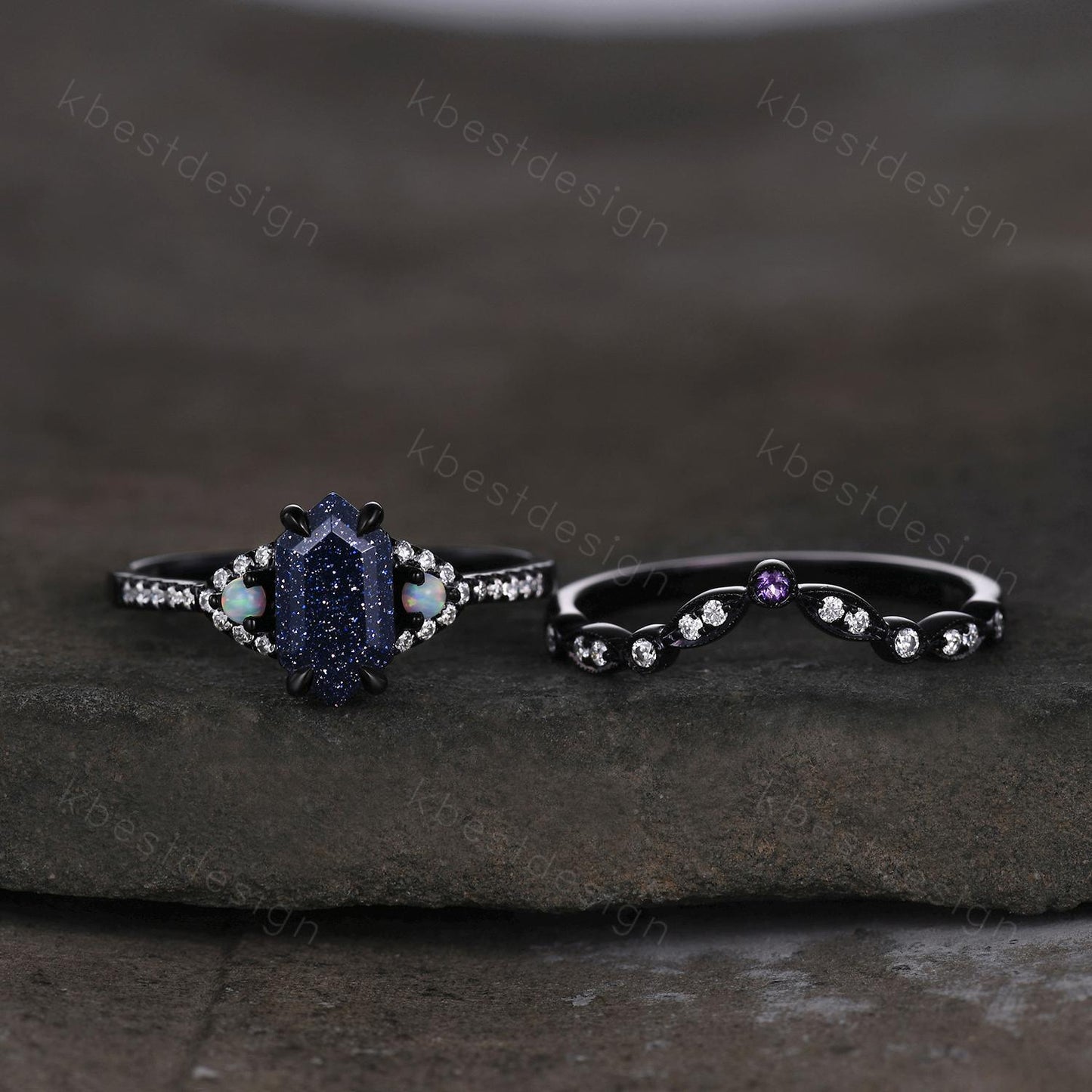 Vintage Blue Sandstone Engagement Ring set Black Gold Hexagon cut Bridal set Art deco curved band moissanite promise wedding ring set