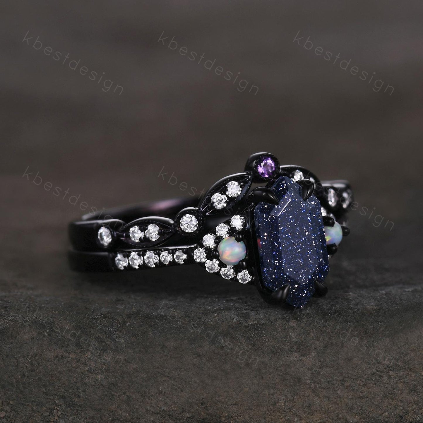 Vintage Blue Sandstone Engagement Ring set Black Gold Hexagon cut Bridal set Art deco curved band moissanite promise wedding ring set