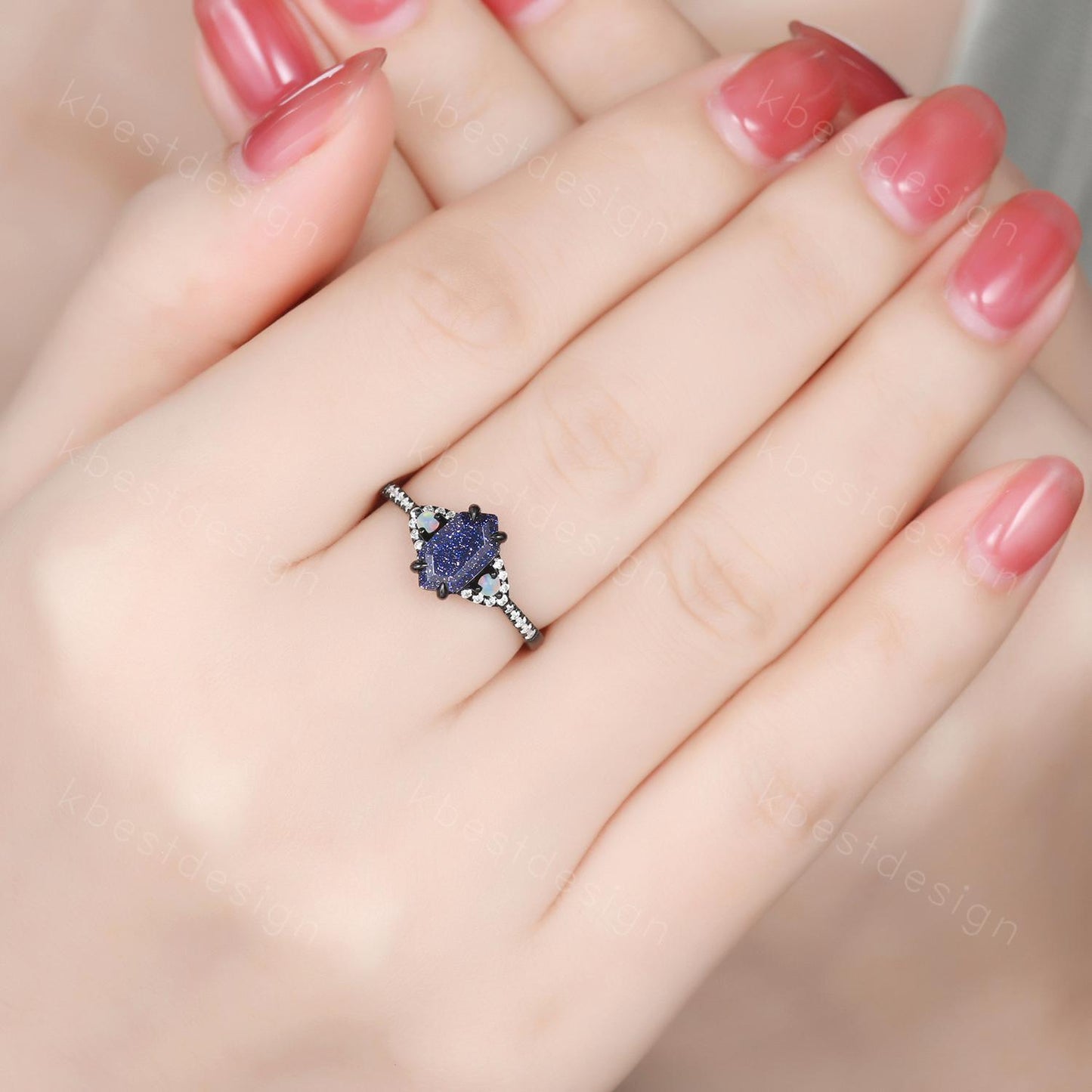 Vintage Blue Sandstone Engagement Ring set Black Gold Hexagon cut Bridal set Art deco curved band moissanite promise wedding ring set