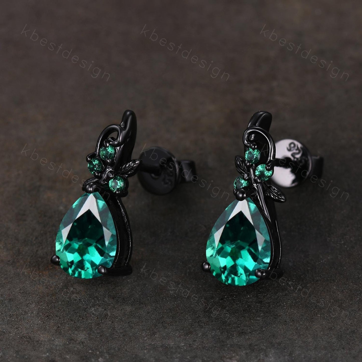 Nature inspired emerald earrings women black gold earring studs teardrop earrings art deco May birthstone studs anniversary gift for her