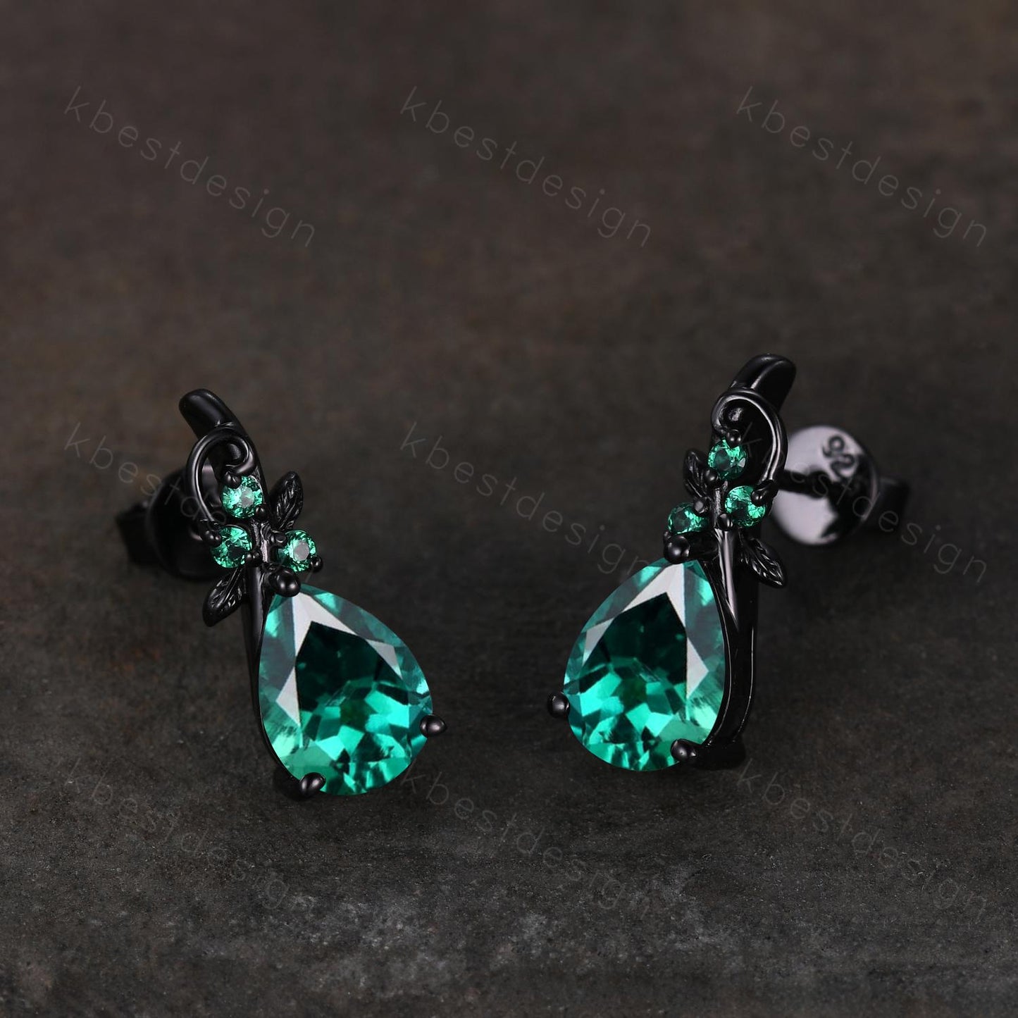 Nature inspired emerald earrings women black gold earring studs teardrop earrings art deco May birthstone studs anniversary gift for her
