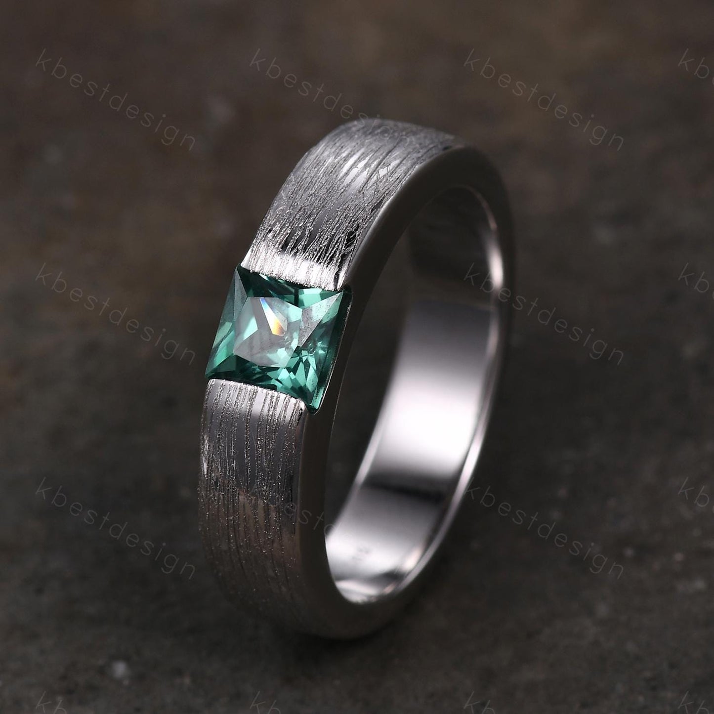 Mens Green Sapphire Wedding Band, 5mm Princess Cut Teal Sapphire Mens Wedding Band, White Gold Brush Finished Wedding Ring, His Wedding Band