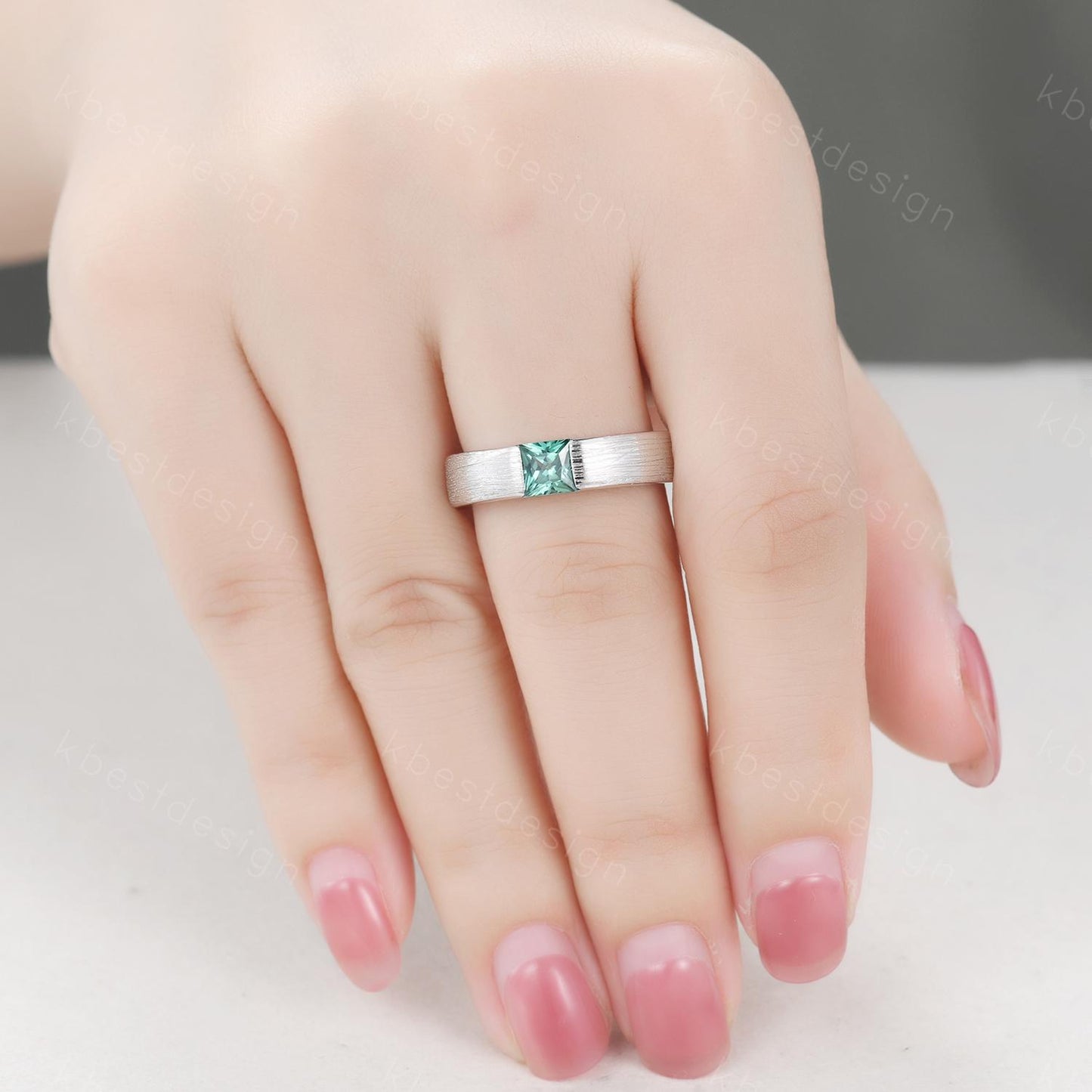 Mens Green Sapphire Wedding Band, 5mm Princess Cut Teal Sapphire Mens Wedding Band, White Gold Brush Finished Wedding Ring, His Wedding Band