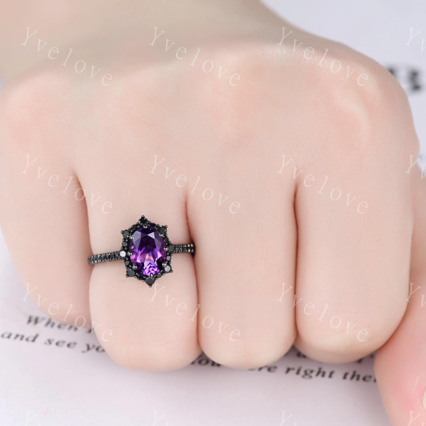 Gothic Oval Shape Amethyst Engagement Ring Set,Black Gold Black Diamond Promise Ring Set Unique Rhodium Black Witchy Ring Bridal Set Gift