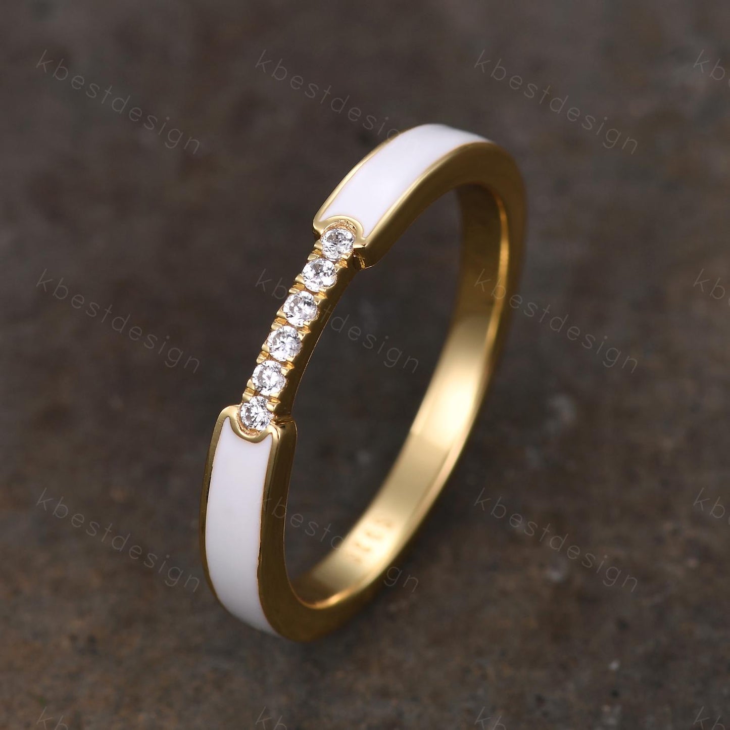 Unique White Enamel Wedding Band Solid 14k Yellow Gold Rings Moissanite Wedding Band Half Eternity Band Vintage Bridal Anniversary Ring