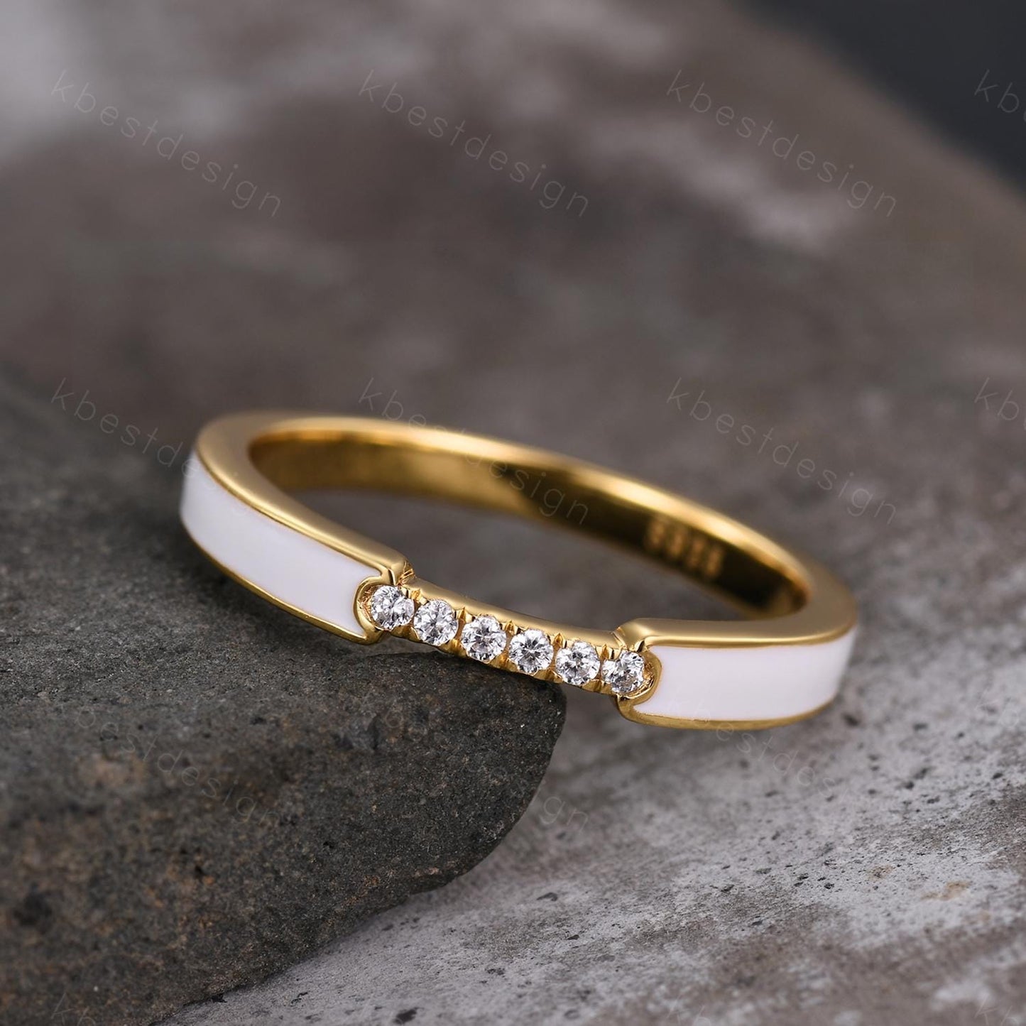 Unique White Enamel Wedding Band Solid 14k Yellow Gold Rings Moissanite Wedding Band Half Eternity Band Vintage Bridal Anniversary Ring