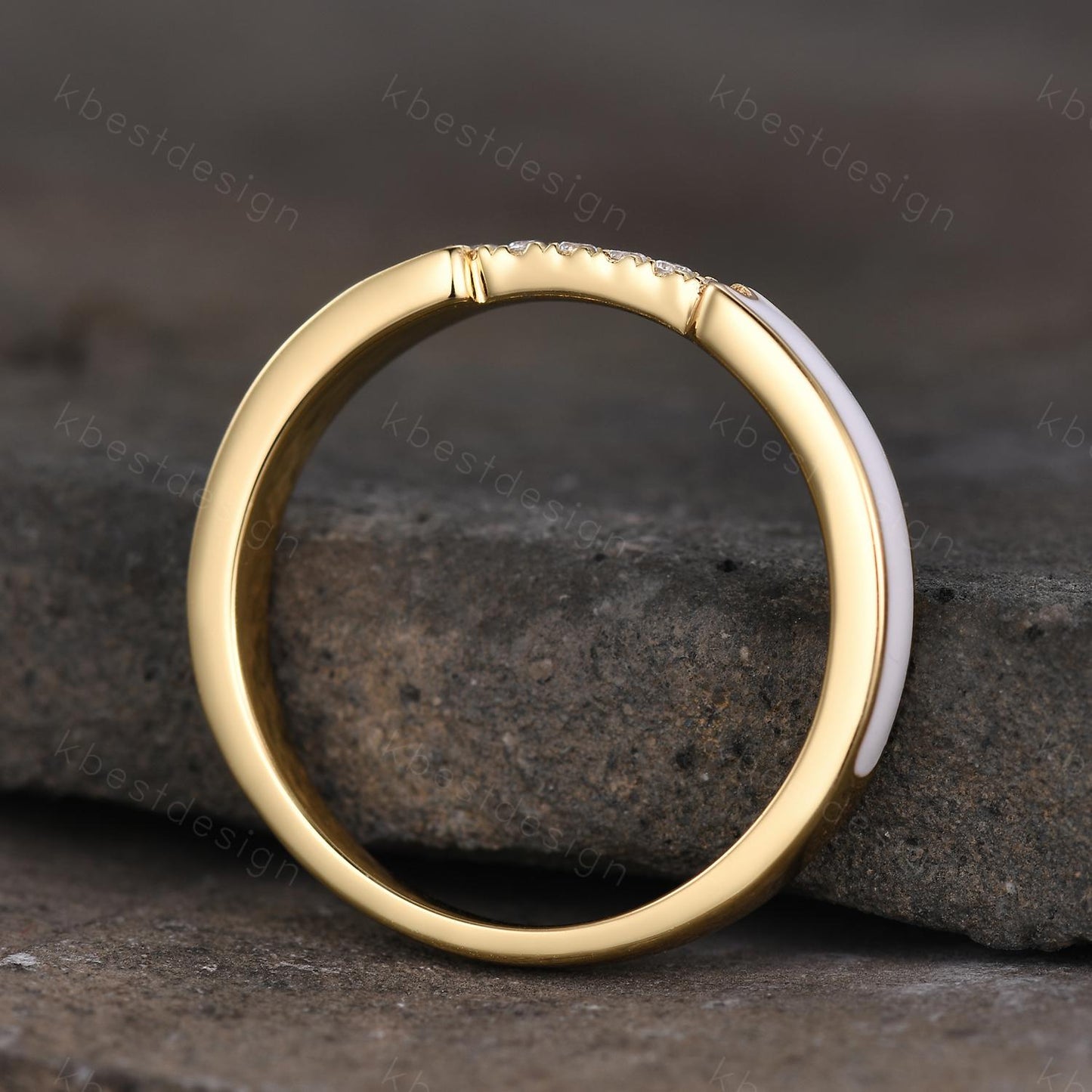 Unique White Enamel Wedding Band Solid 14k Yellow Gold Rings Moissanite Wedding Band Half Eternity Band Vintage Bridal Anniversary Ring