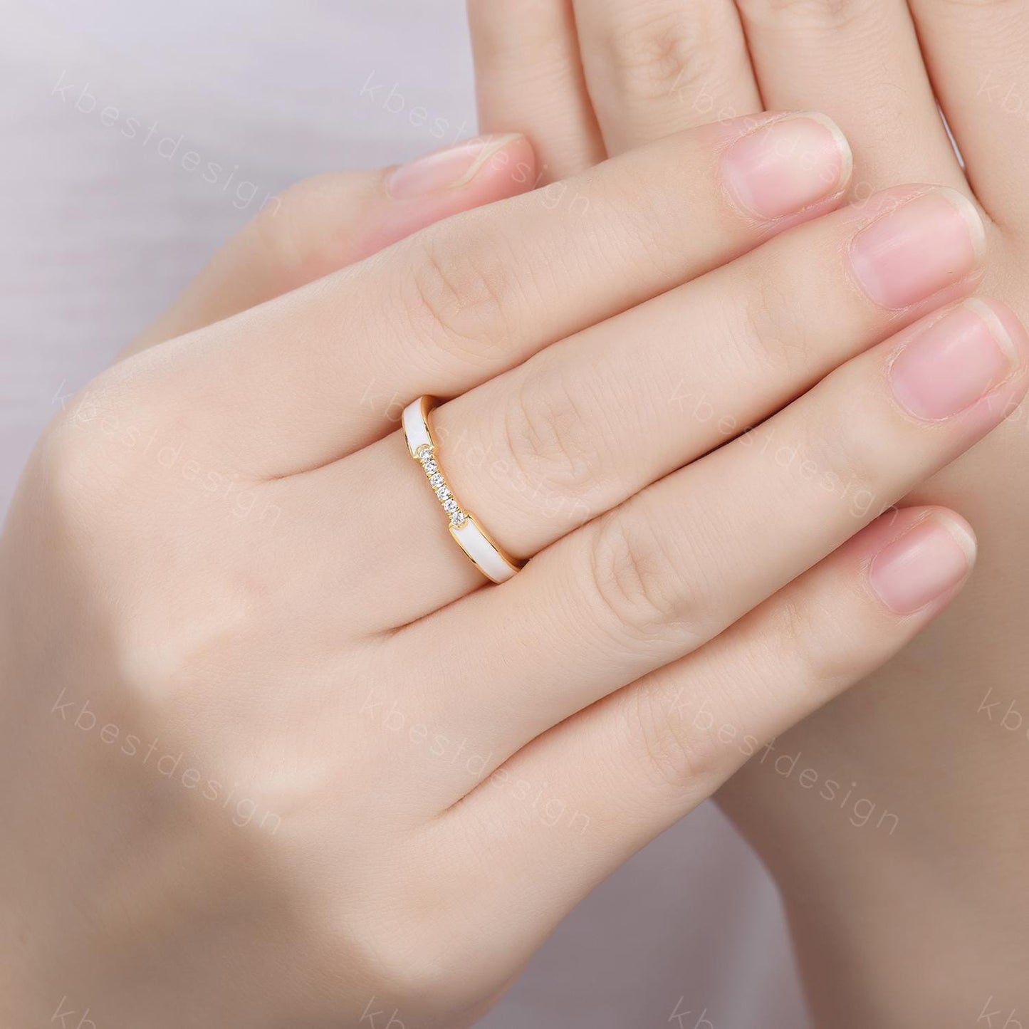 Unique White Enamel Wedding Band Solid 14k Yellow Gold Rings Moissanite Wedding Band Half Eternity Band Vintage Bridal Anniversary Ring