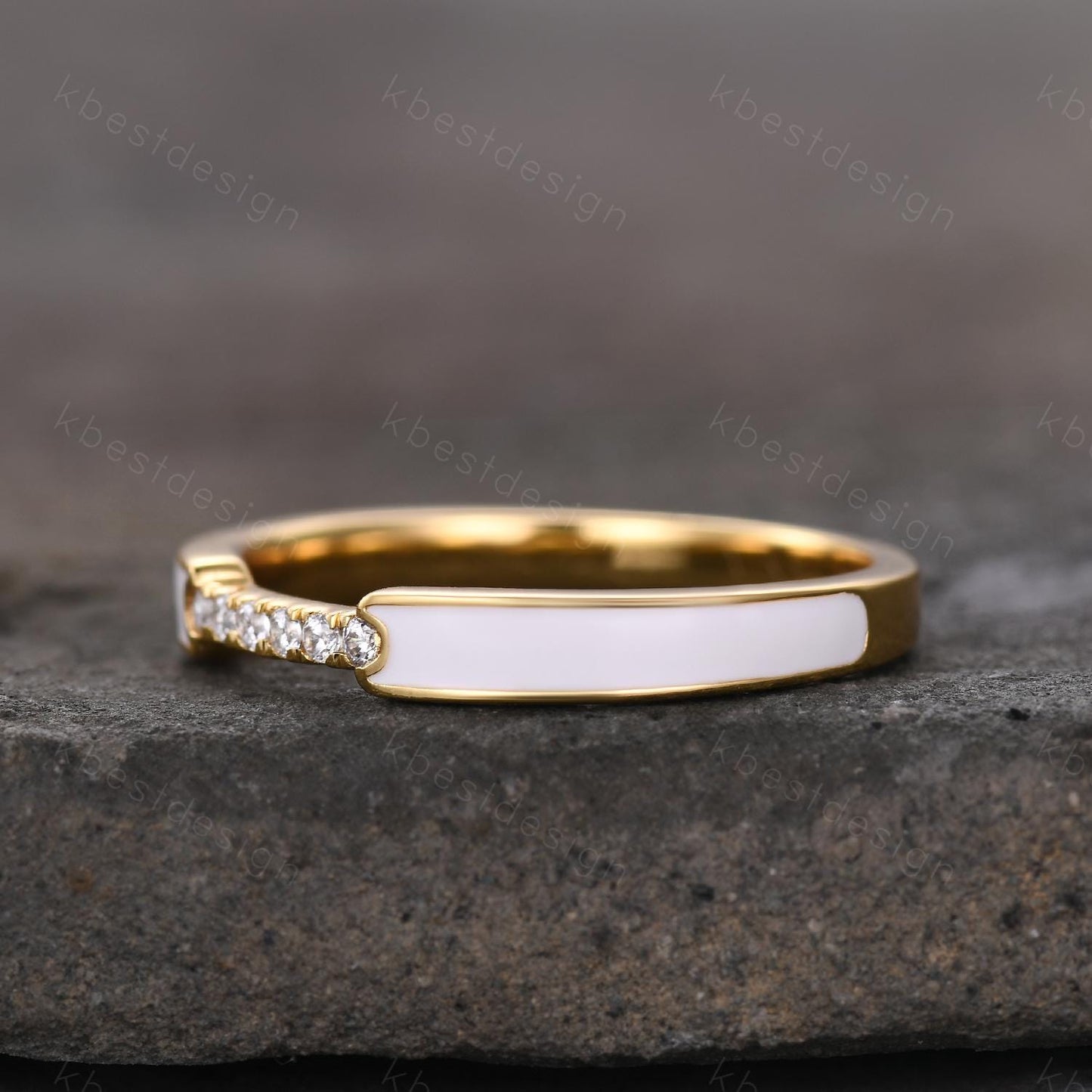 Unique White Enamel Wedding Band Solid 14k Yellow Gold Rings Moissanite Wedding Band Half Eternity Band Vintage Bridal Anniversary Ring