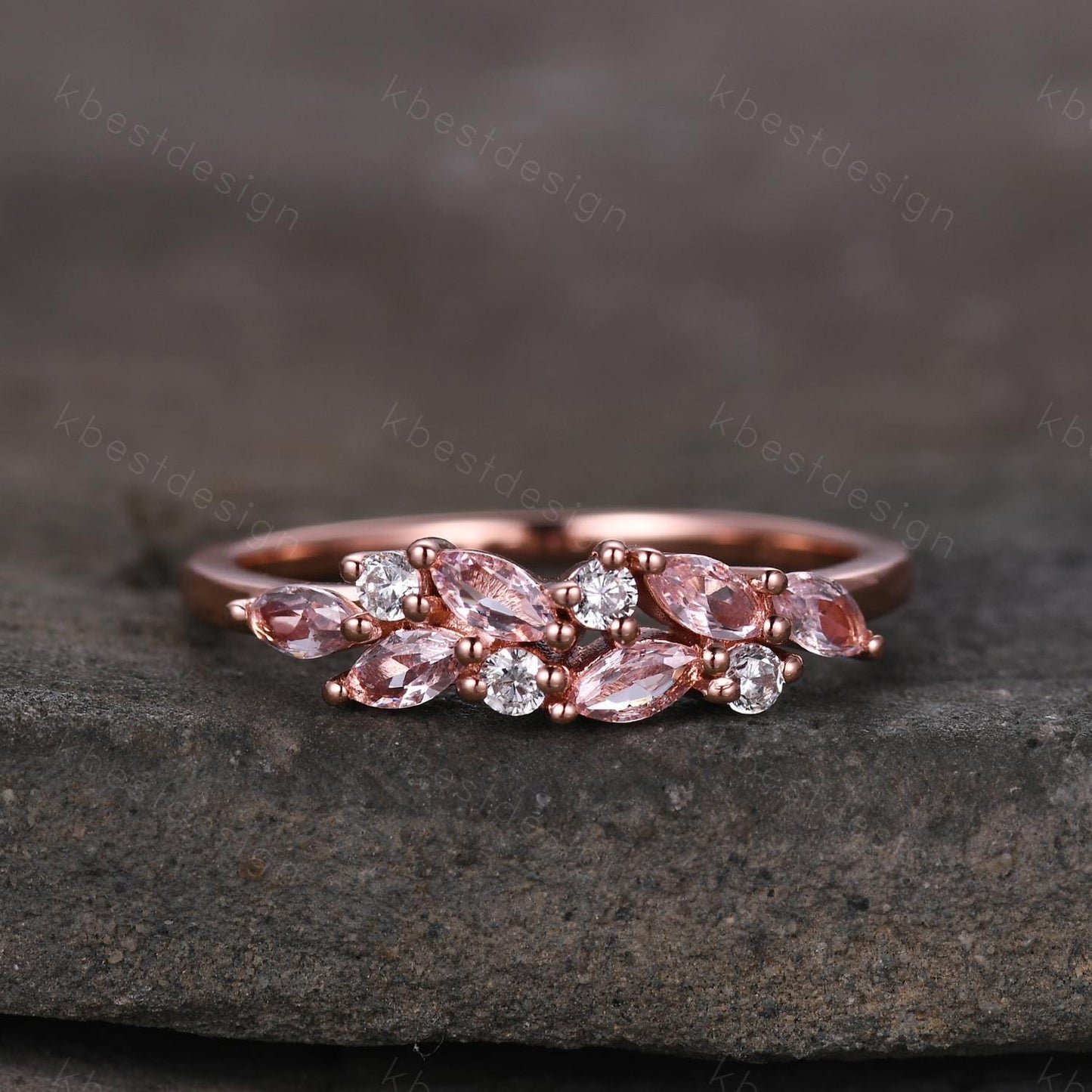 Pink Morganite cluster wedding band Unique marquise cut wedding band Vintage Moissanite ring Rose gold ring Anniversary gift for Her