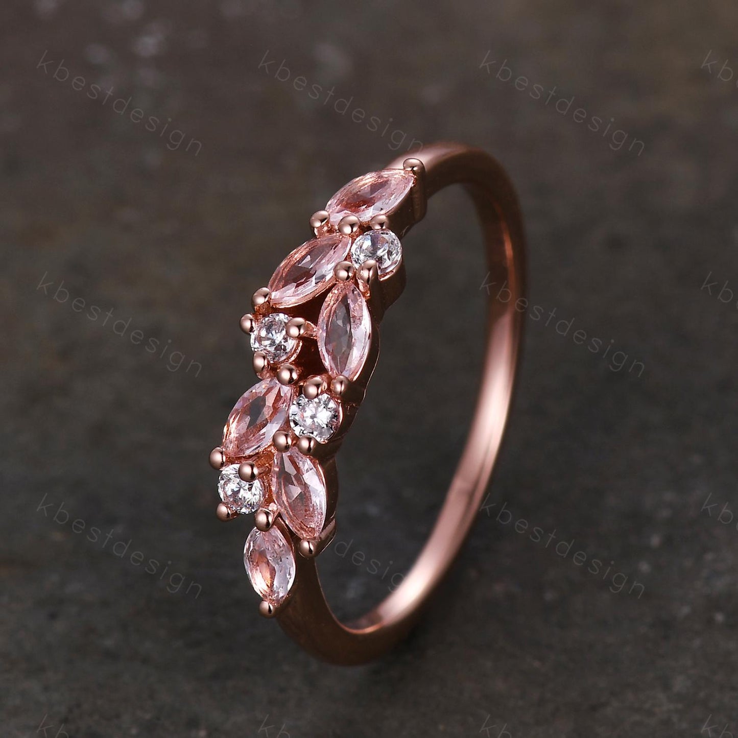 Pink Morganite cluster wedding band Unique marquise cut wedding band Vintage Moissanite ring Rose gold ring Anniversary gift for Her