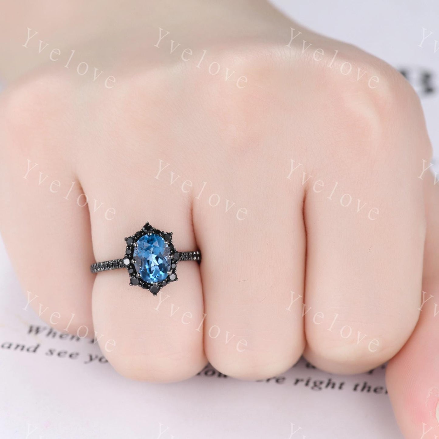 Gothic Oval London Blue Topaz Engagement Ring Set,Black Gold Black Diamond Promise Ring Set Unique Rhodium Black Witchy Ring Bridal Set Gift