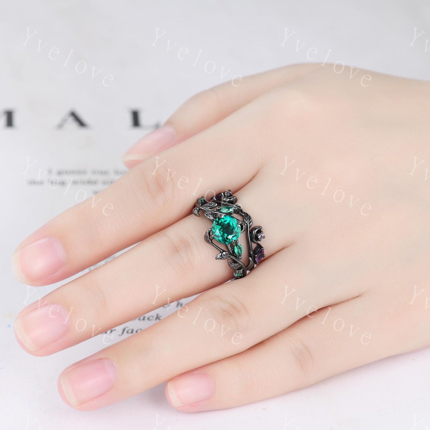 Vintage Round Black Onyx Engagement Ring,Silver Black Gold,Cluster Leaf Emerald Wedding Ring,Women Bridal Ring,Art Deco Promise Ring Gift