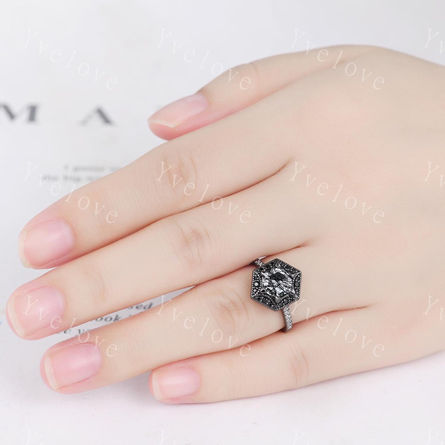 Hexagon Natural Black Rutilated Quartz Anniversary Bridal Ring 925 Black Rhodium Engagement Women Promise Birthday Gift Halo Ring For Her