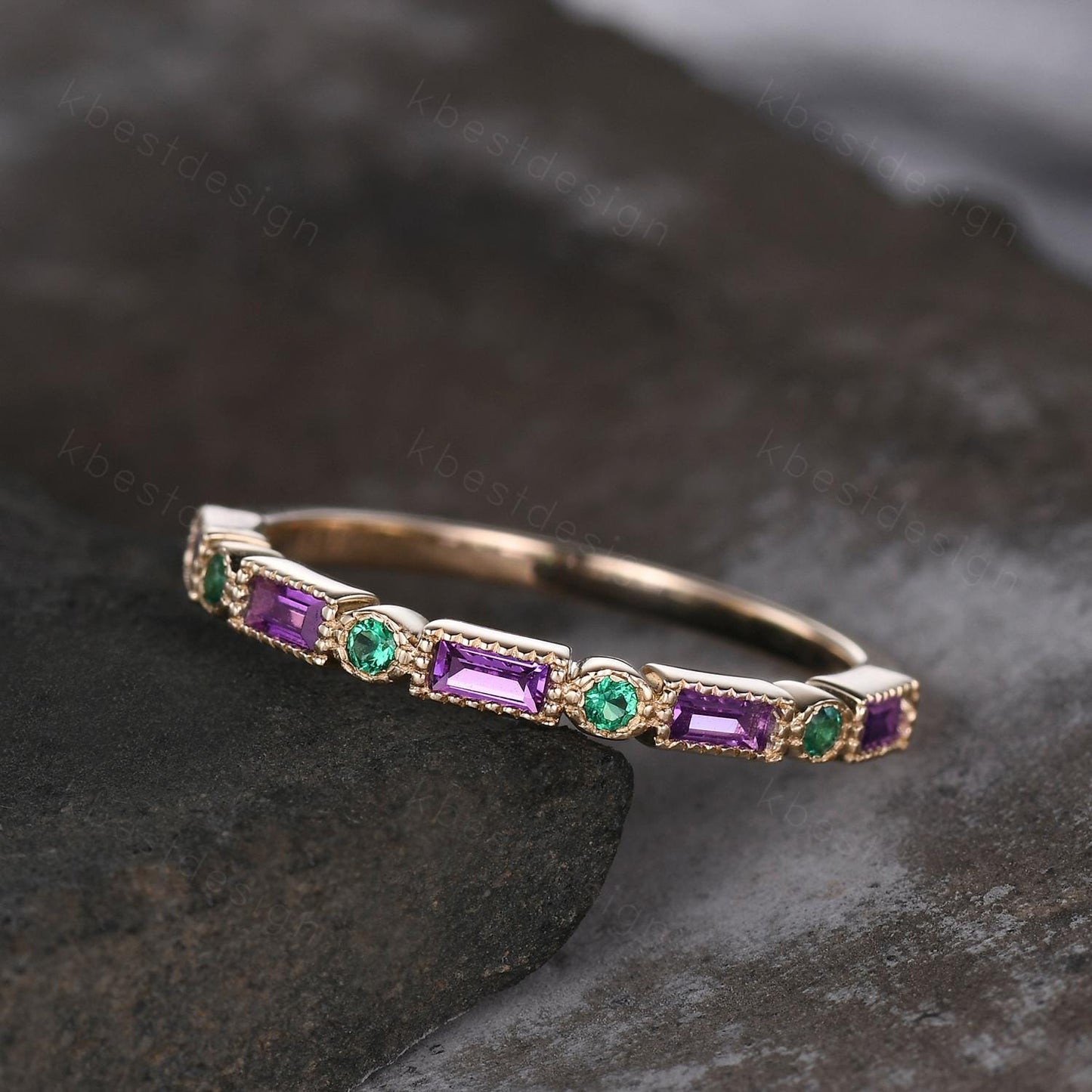Art Deco Amethyst Emerald wedding band solid 14k Yellow gold wedding band vintage baguette Stacking ring women birthstone Anniversary band