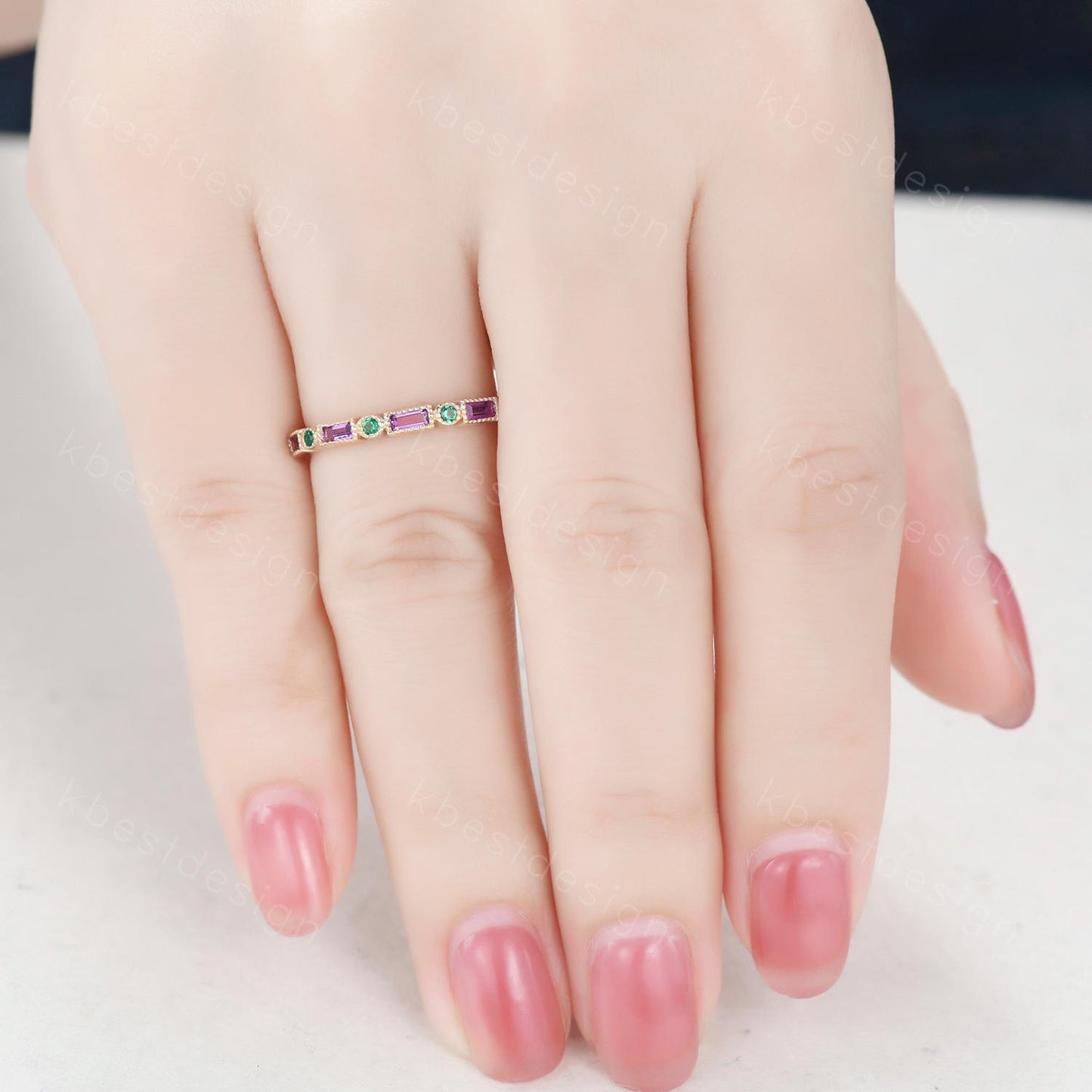 Art Deco Amethyst Emerald wedding band solid 14k Yellow gold wedding band vintage baguette Stacking ring women birthstone Anniversary band