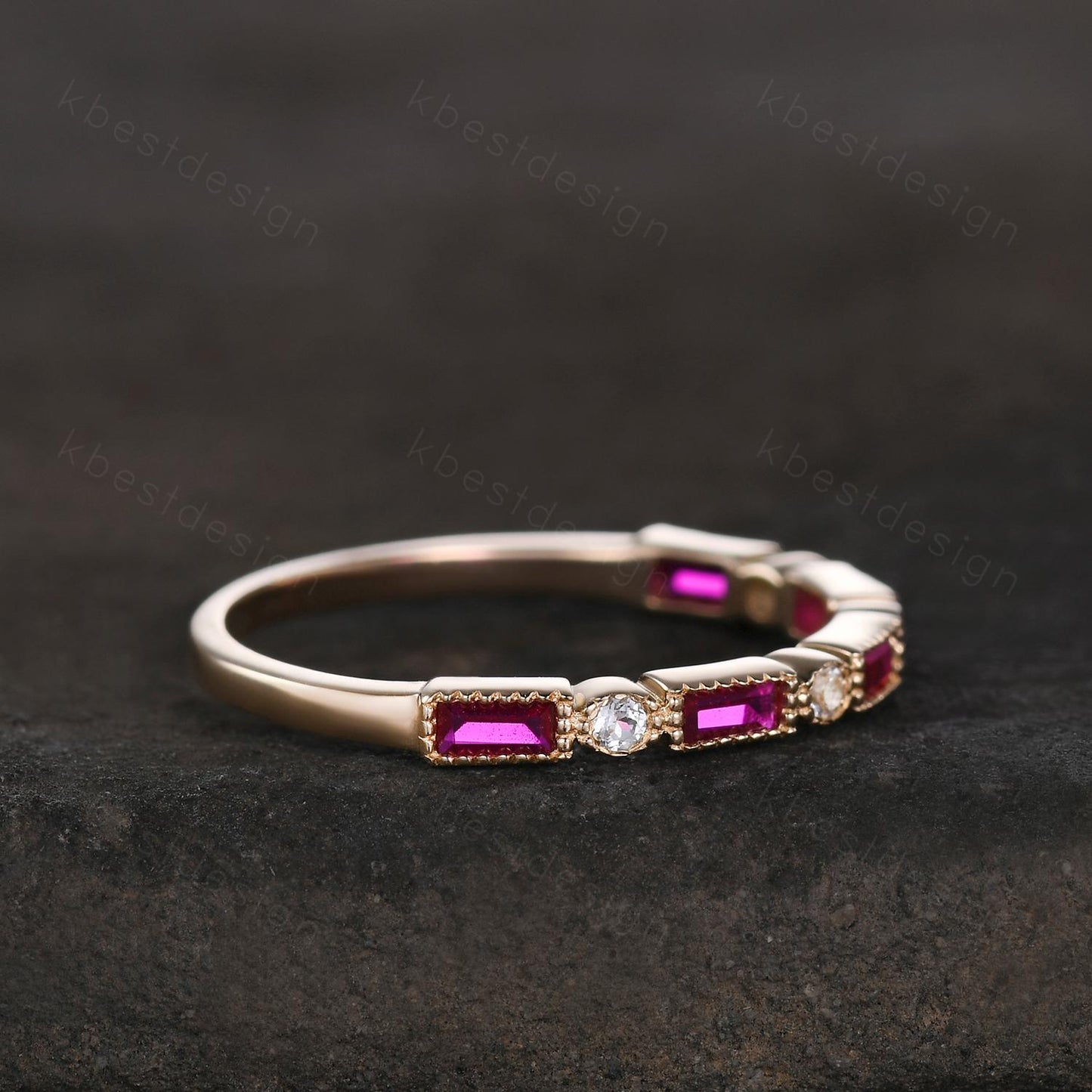 Baguette cut ruby aquamarine wedding band solid 14k gold wedding band vintage art deco Stacking ring women July birthstone Anniversary band