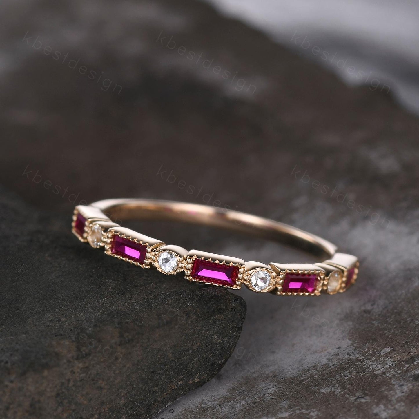 Baguette cut ruby aquamarine wedding band solid 14k gold wedding band vintage art deco Stacking ring women July birthstone Anniversary band
