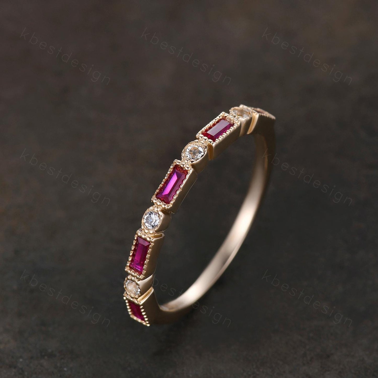 Baguette cut ruby aquamarine wedding band solid 14k gold wedding band vintage art deco Stacking ring women July birthstone Anniversary band