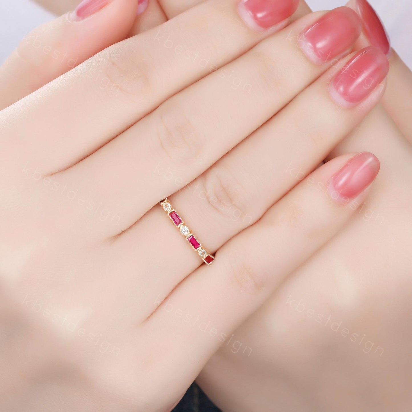 Baguette cut ruby aquamarine wedding band solid 14k gold wedding band vintage art deco Stacking ring women July birthstone Anniversary band