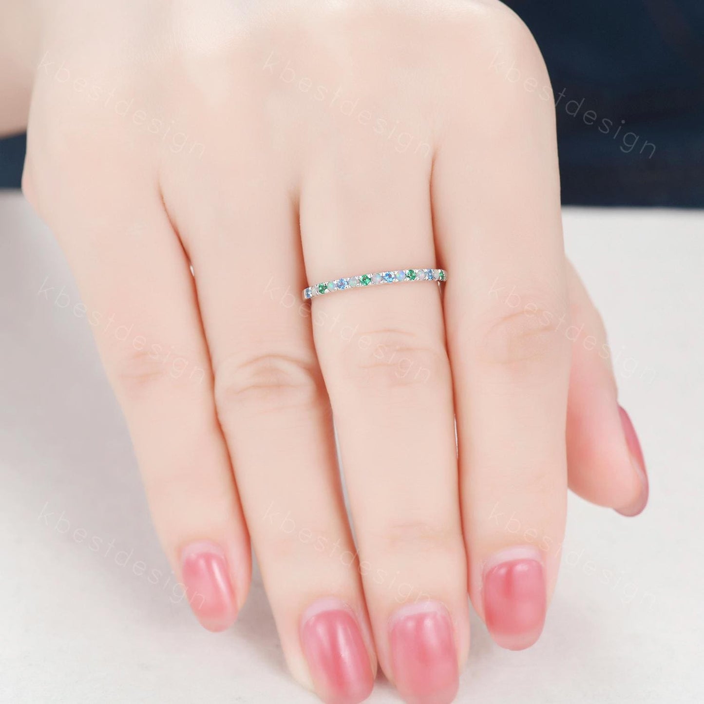 1.5mm Multi gemstone Wedding Band Half eternity blue topaz/opal/emerald wedding band for Women Minimalist Bridal Matching Stackable band