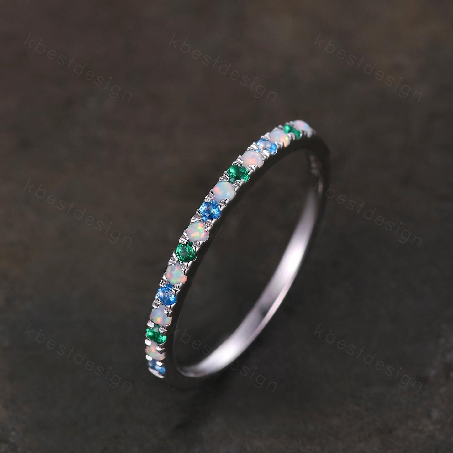 1.5mm Multi gemstone Wedding Band Half eternity blue topaz/opal/emerald wedding band for Women Minimalist Bridal Matching Stackable band