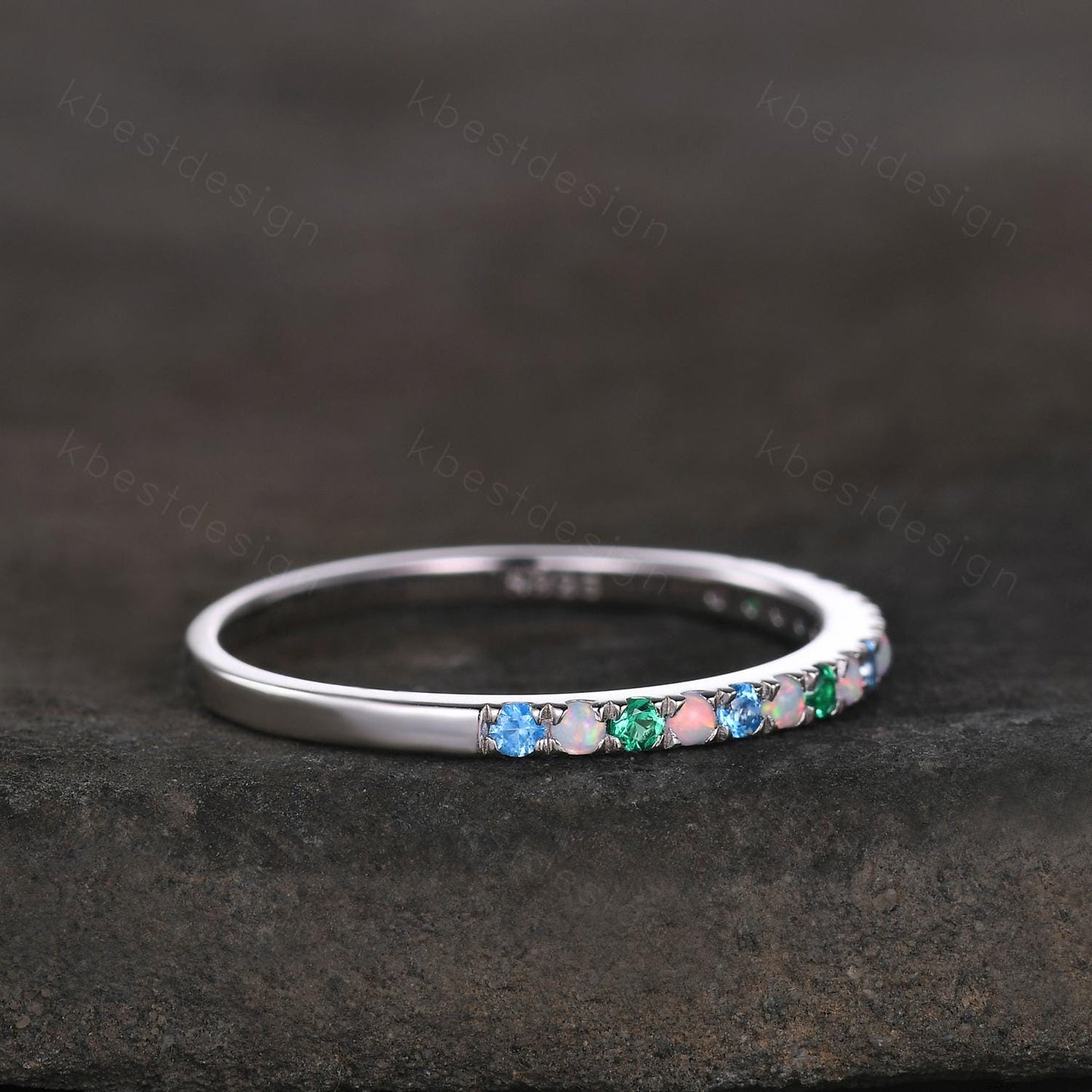 1.5mm Multi gemstone Wedding Band Half eternity blue topaz/opal/emerald wedding band for Women Minimalist Bridal Matching Stackable band