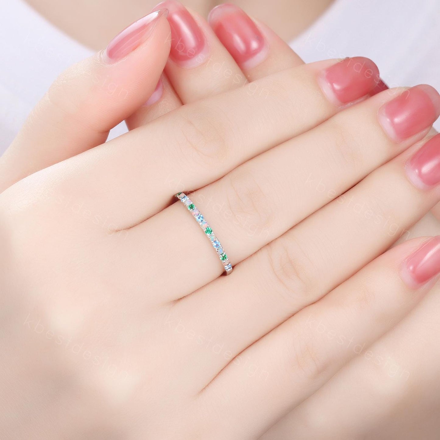 1.5mm Multi gemstone Wedding Band Half eternity blue topaz/opal/emerald wedding band for Women Minimalist Bridal Matching Stackable band