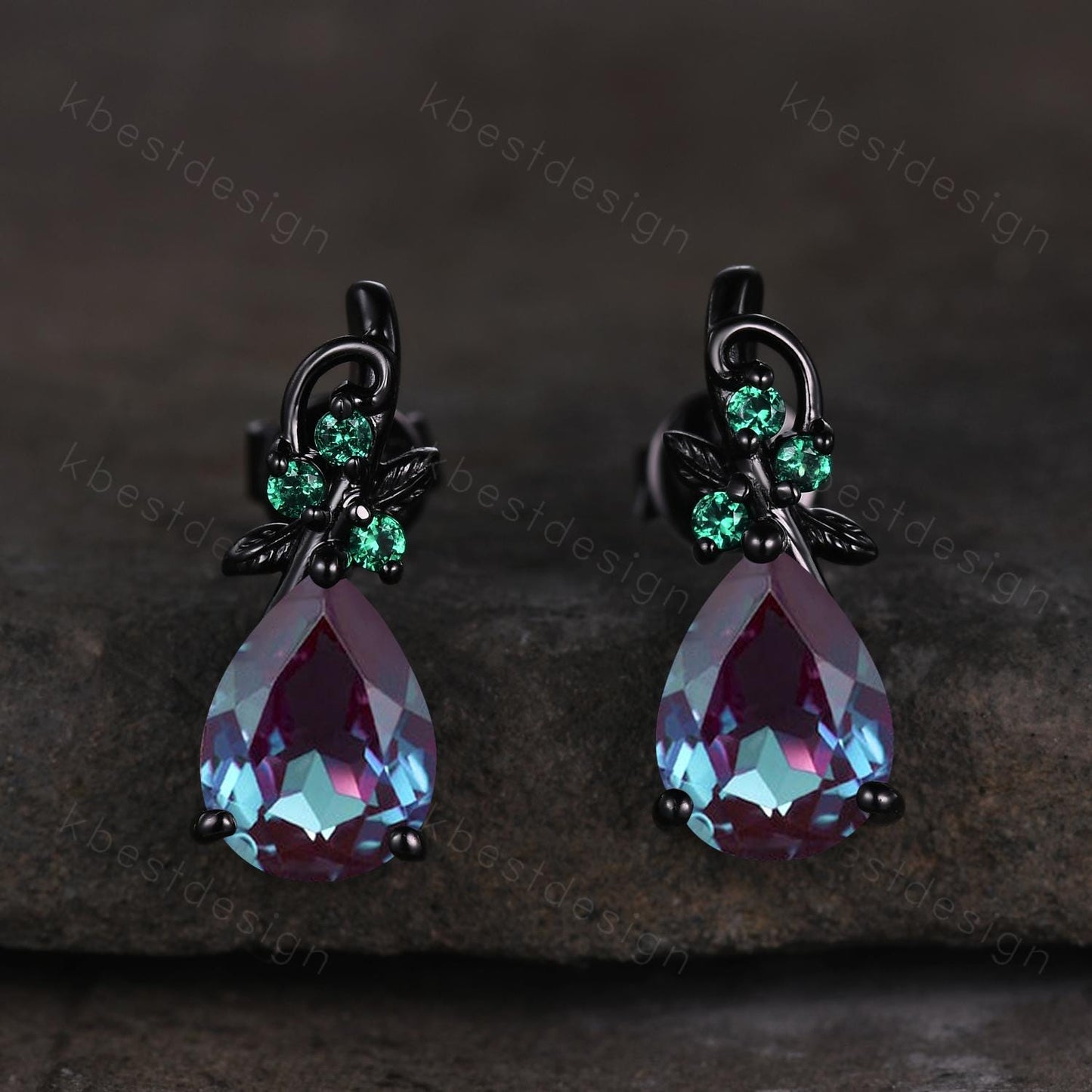 Nature inspired alexandrite earrings women black gold earring studs teardrop earrings art deco June birthstone studs anniversary gift