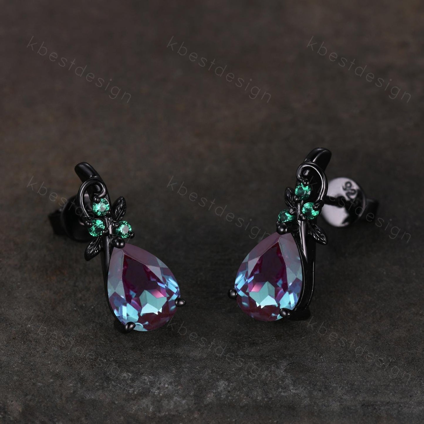 Nature inspired alexandrite earrings women black gold earring studs teardrop earrings art deco June birthstone studs anniversary gift