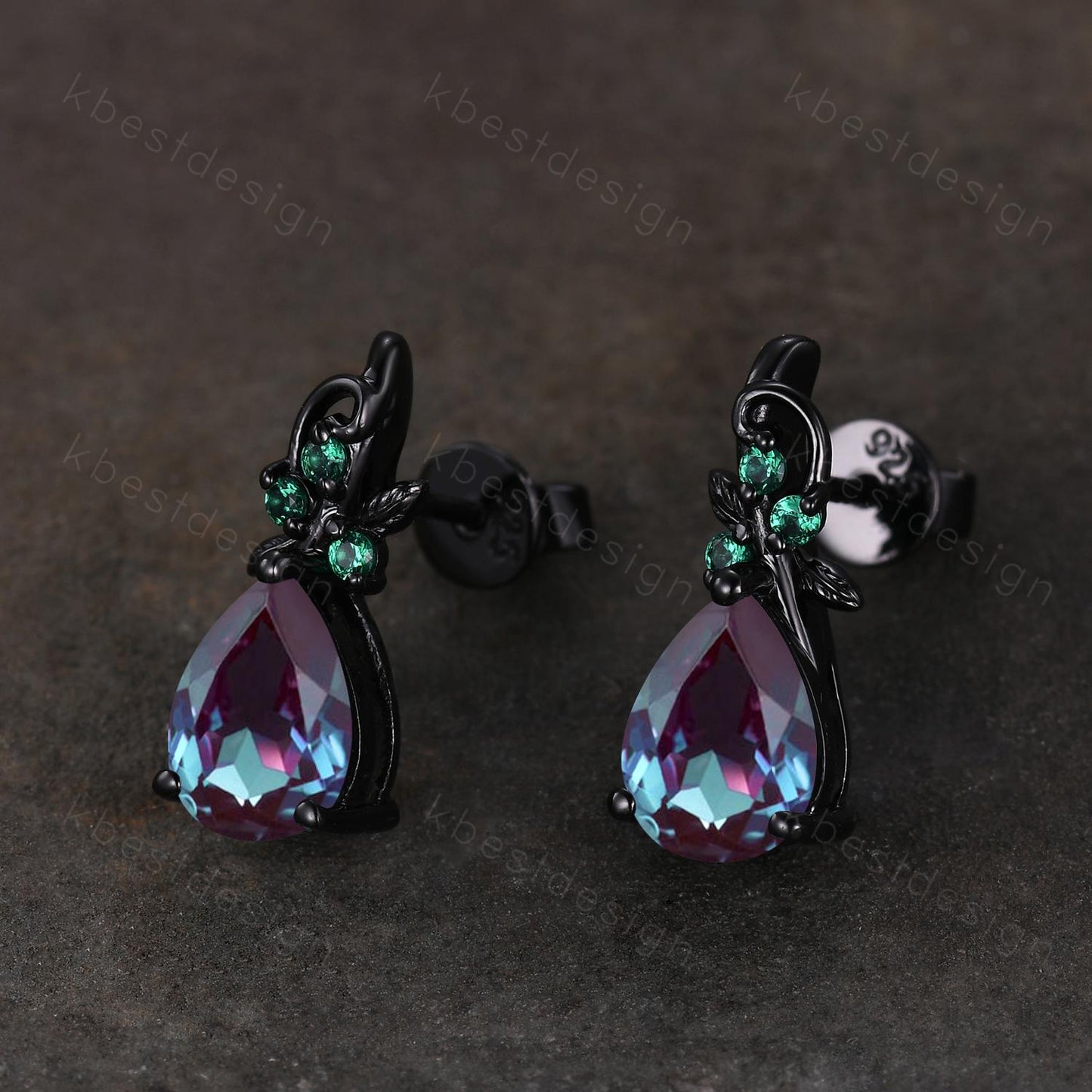 Nature inspired alexandrite earrings women black gold earring studs teardrop earrings art deco June birthstone studs anniversary gift