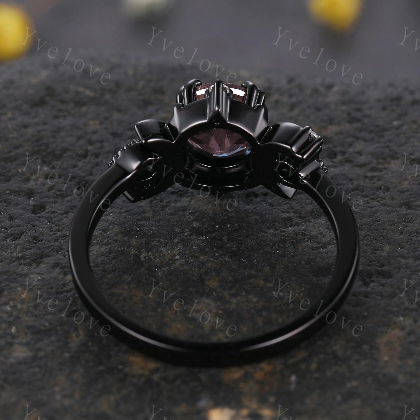 Round black fire opal ring gothic cluster ring black gold unique engagement ring retro moon star diamond promise wedding ring celestial gift