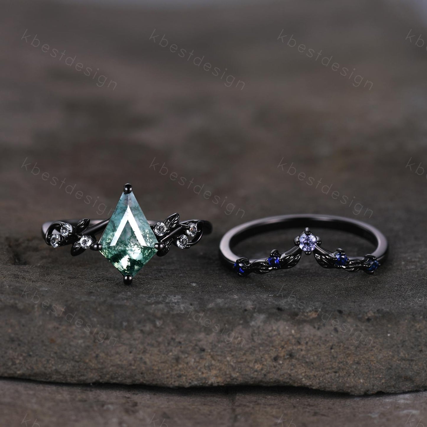 Vintage kite moss agate engagement ring set black gold twig leaf stacking ring nature branch ring unique art deco bridal wedding ring set