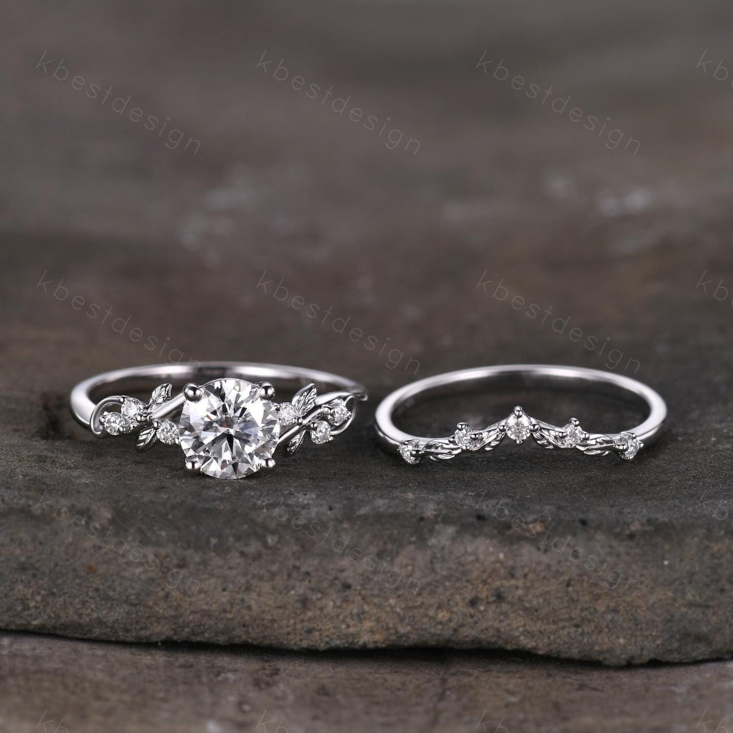 Round cut moissanite engagement ring 14K White gold ring Art deco leaf design wedding ring nature inspired ring bridal promise ring set