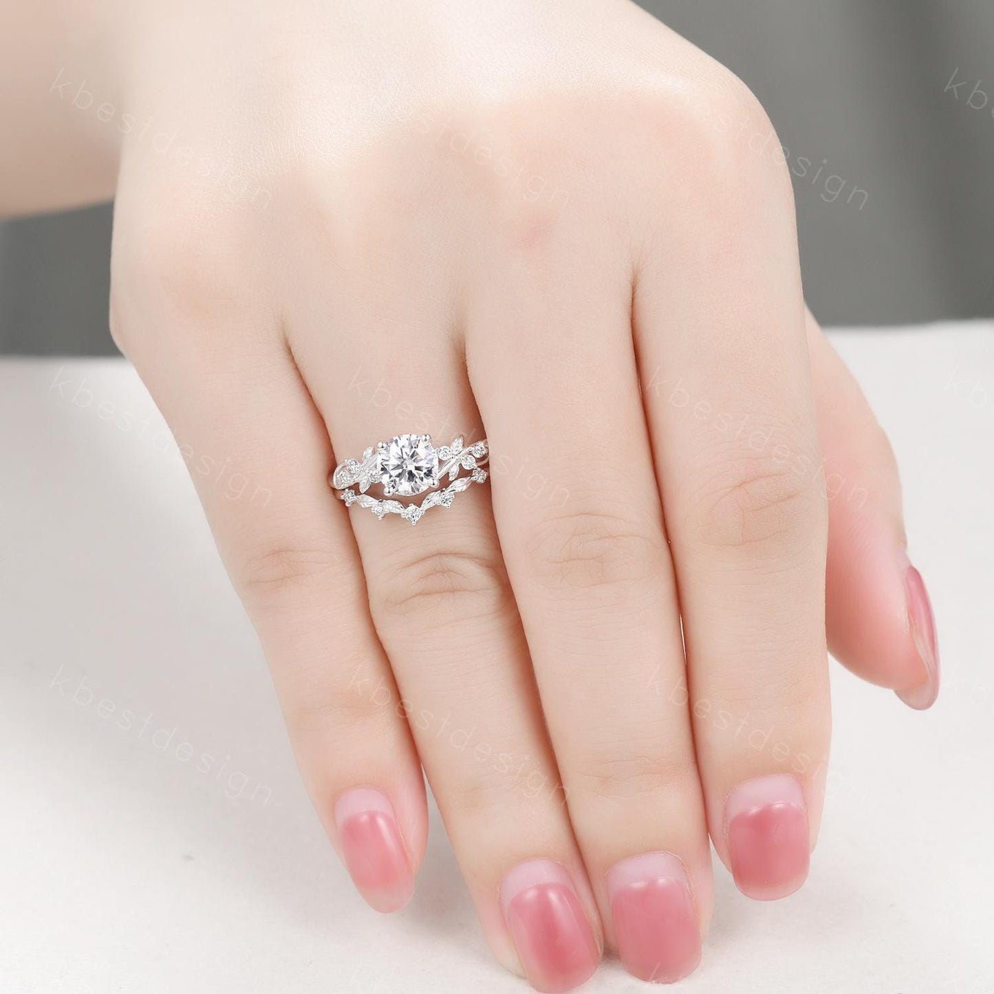Round cut moissanite engagement ring 14K White gold ring Art deco leaf design wedding ring nature inspired ring bridal promise ring set