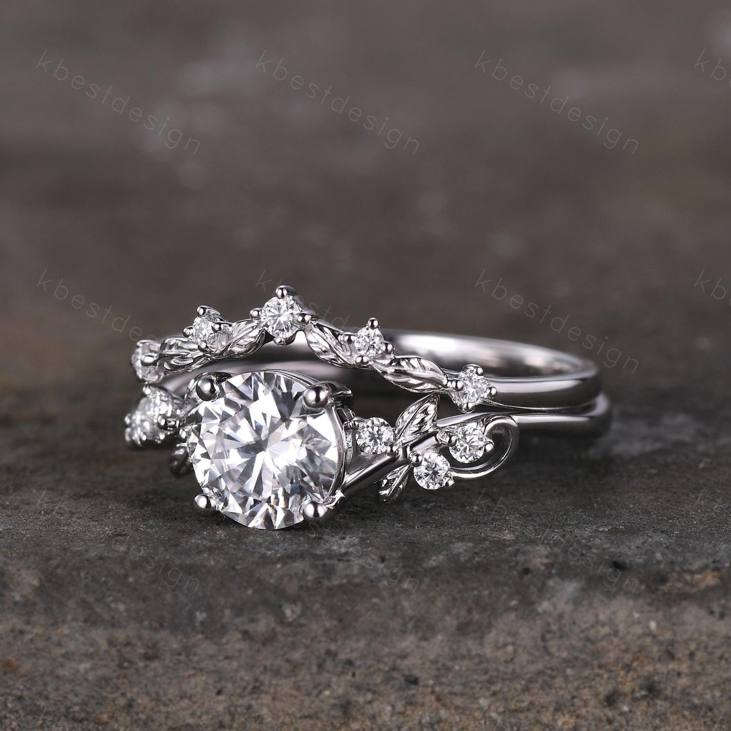 Round cut moissanite engagement ring 14K White gold ring Art deco leaf design wedding ring nature inspired ring bridal promise ring set