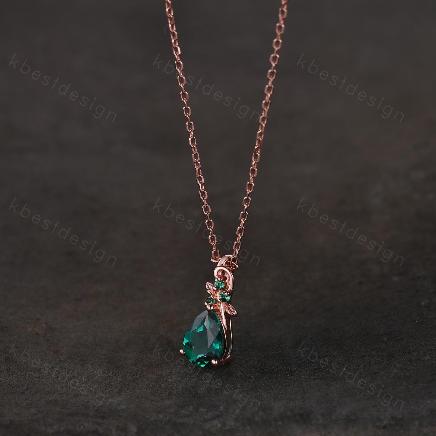 Nature inspired emerald necklace vintage women rose gold necklace unique leaf emerald pendant art deco pear cut pendant bridal promise gift