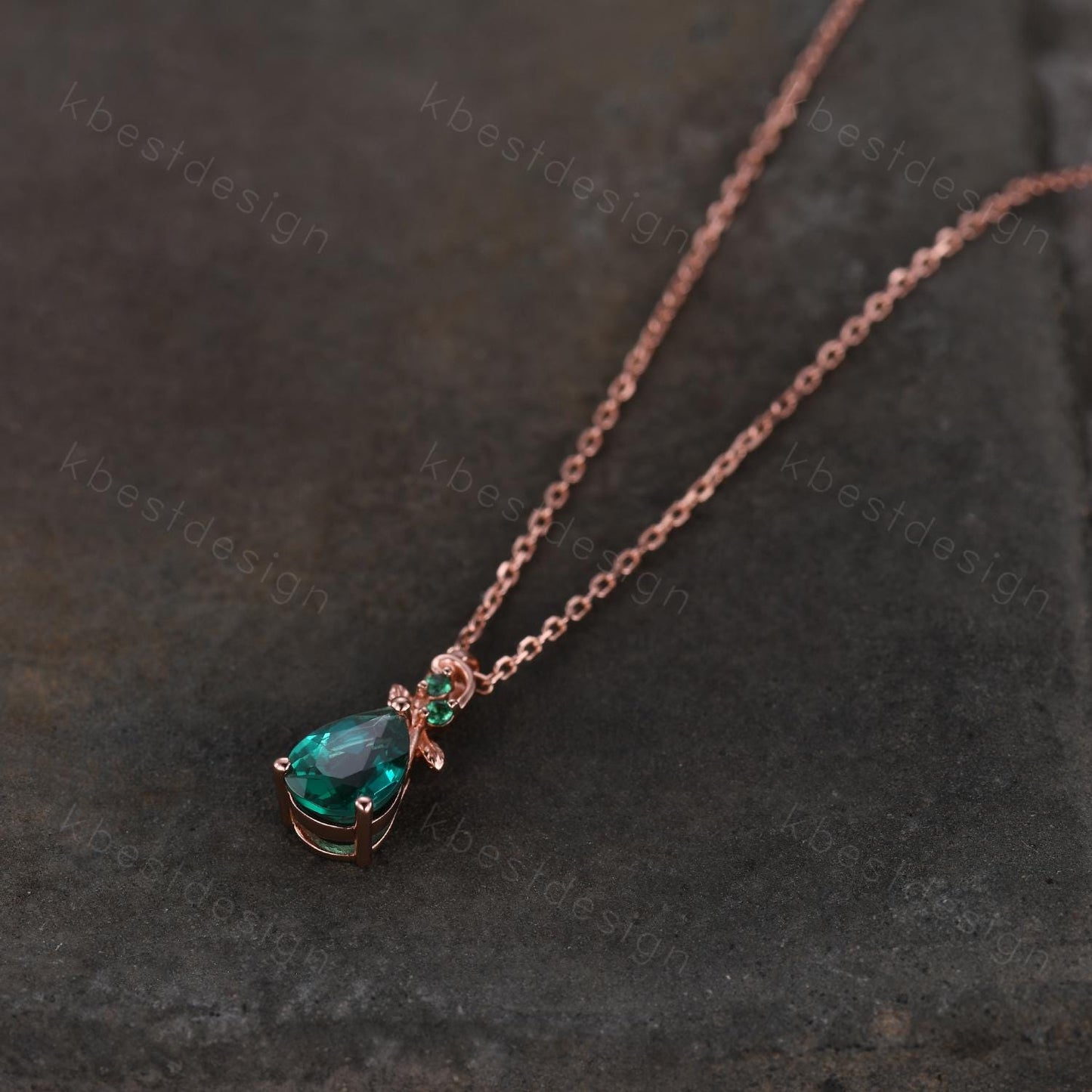 Nature inspired emerald necklace vintage women rose gold necklace unique leaf emerald pendant art deco pear cut pendant bridal promise gift